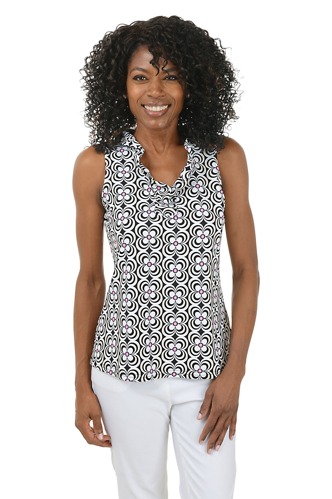Black Floral Daisy Print UPF50+ Sun Protection Ruffle Sleeveless Blouse - Perfect for Beach Vacations, Summer Outings & Outdoor Activities