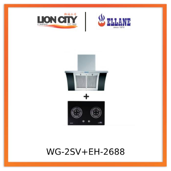 Ellane EH 2688 90cm Stainless Steel Chimney Range Hood with Arch Glass & WG 2SV 80cm 2-Burner Glass Gas Cooktop - Modern Kitchen Ventilation for Home Cooking