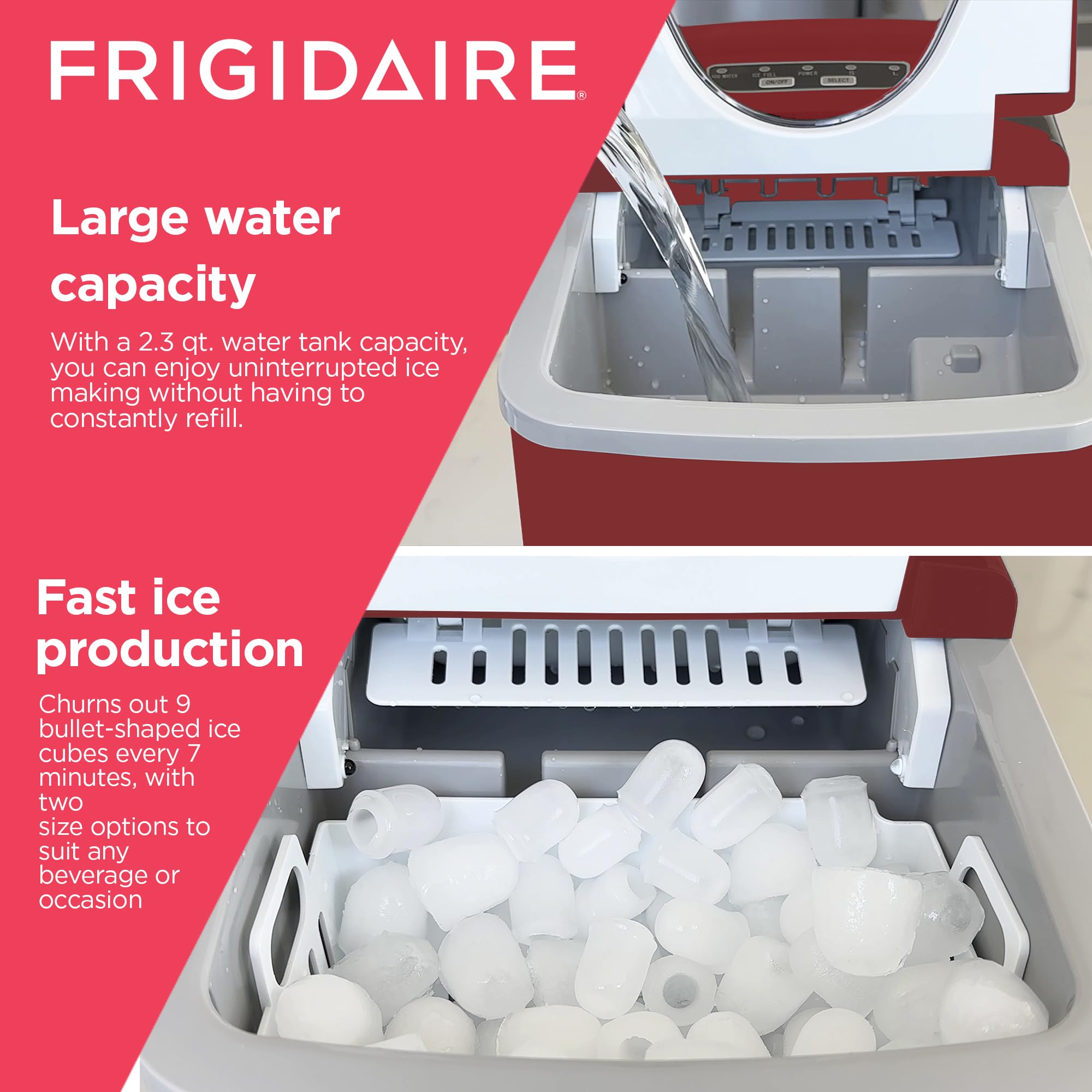 Frigidaire EFIC102-RED Countertop Ice Maker Machine - 26 lbs Daily Capacity, Bullet Ice Cube Maker with Transparent Window (14.1