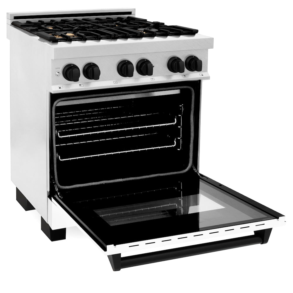 ZLINE Autograph Edition 30-inch 4.0 cu. ft. Dual Fuel Range - 4 Burner Gas Cooktop & Electric Convection Oven - Satin Stainless Steel with White Matte Door & Black Accents (RASZ WM 30 MB) - Perfect for Modern Kitchens & Professional Home Chefs