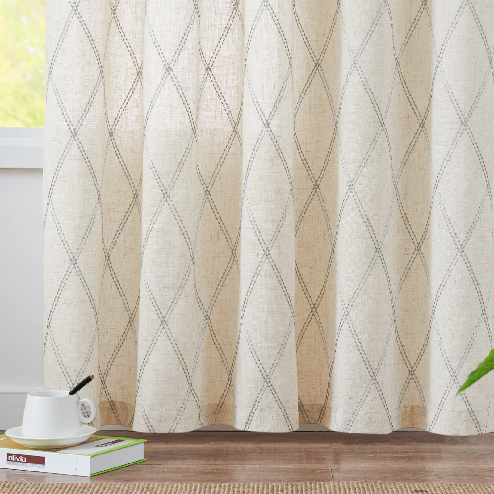 Premium Linen Curtains for Living Room & Bedroom - Grey Diamond Embroidered Geometric Window Drapes with Grommet Top (63 Inch Length, 2 Panels) - Elegant Flax Window Treatment for Home Decor & Light Filtering