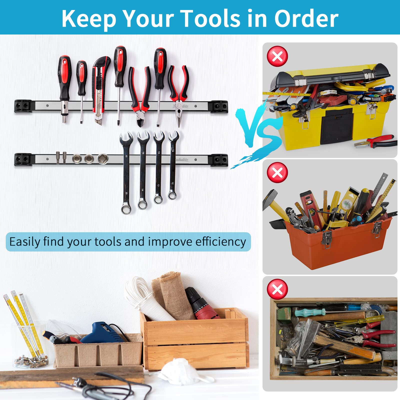 6-Piece 12-Inch Magnetic Tool Holder Strips - Heavy Duty Stainless Steel Tool Organizer Bar with Mounting Screws - Perfect for Garage, Workshop, and DIY Tool Storage - Keep Wrenches, Screwdrivers & Metal Tools Neatly Organized
