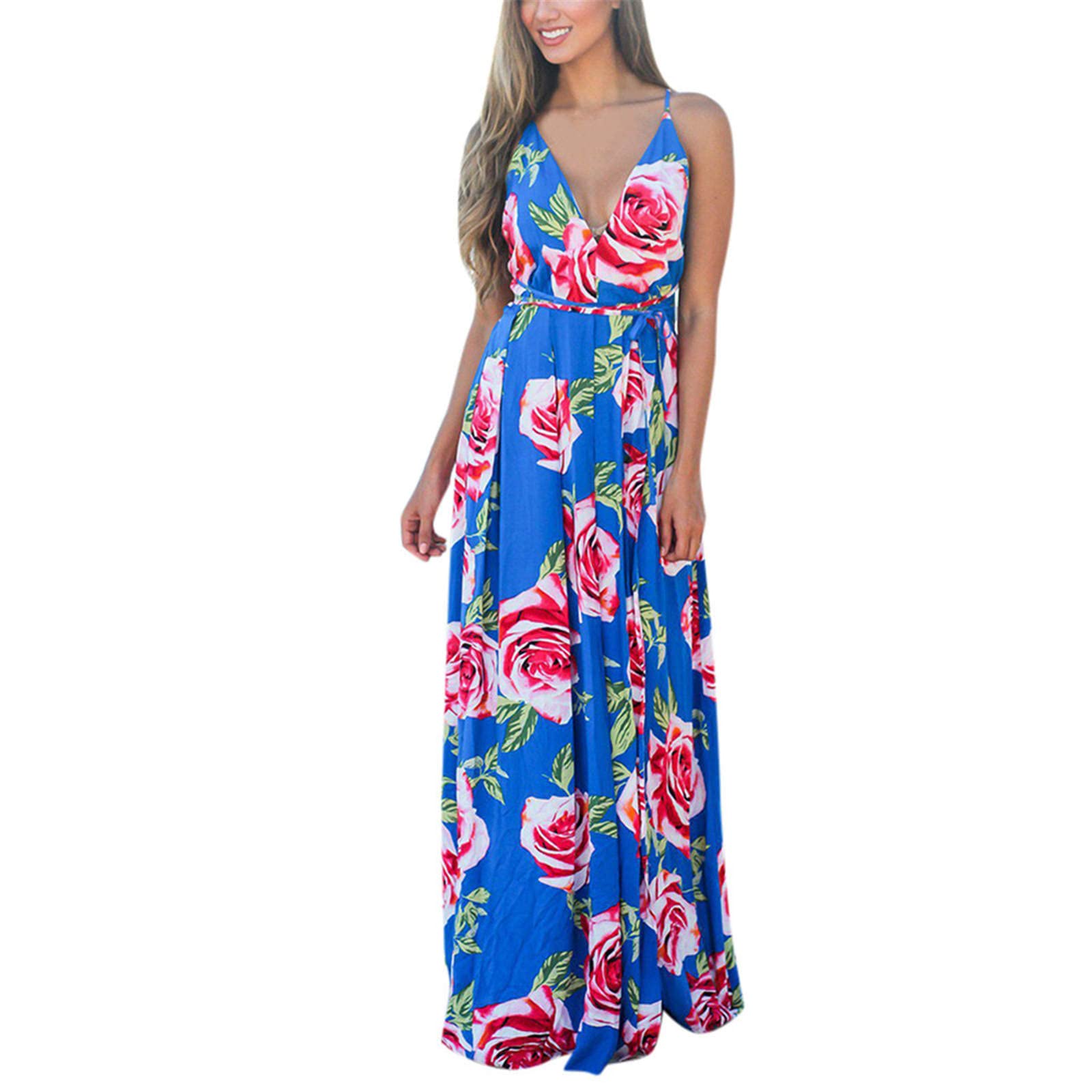 Women's Floral Print Beach Dress - Summer Cocktail & Long Dress for Outdoor Parties