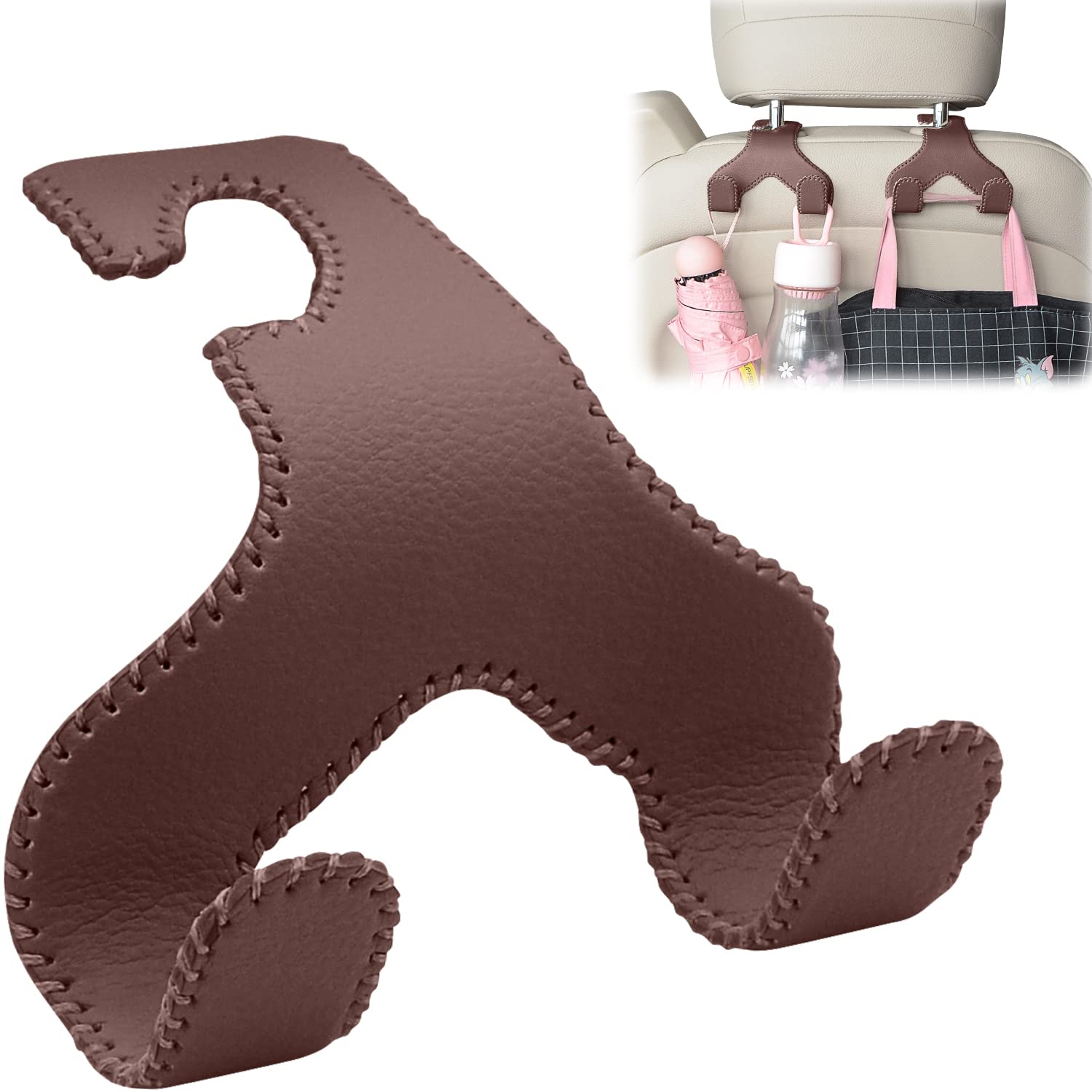 2 in 1 Car Backseat Headrest Hooks - Durable Leather Hanger Storage Organizer for Grocery Bags, Purses & Coffee Cups (1 Pack) - Perfect for Road Trips, Shopping & Daily Commute