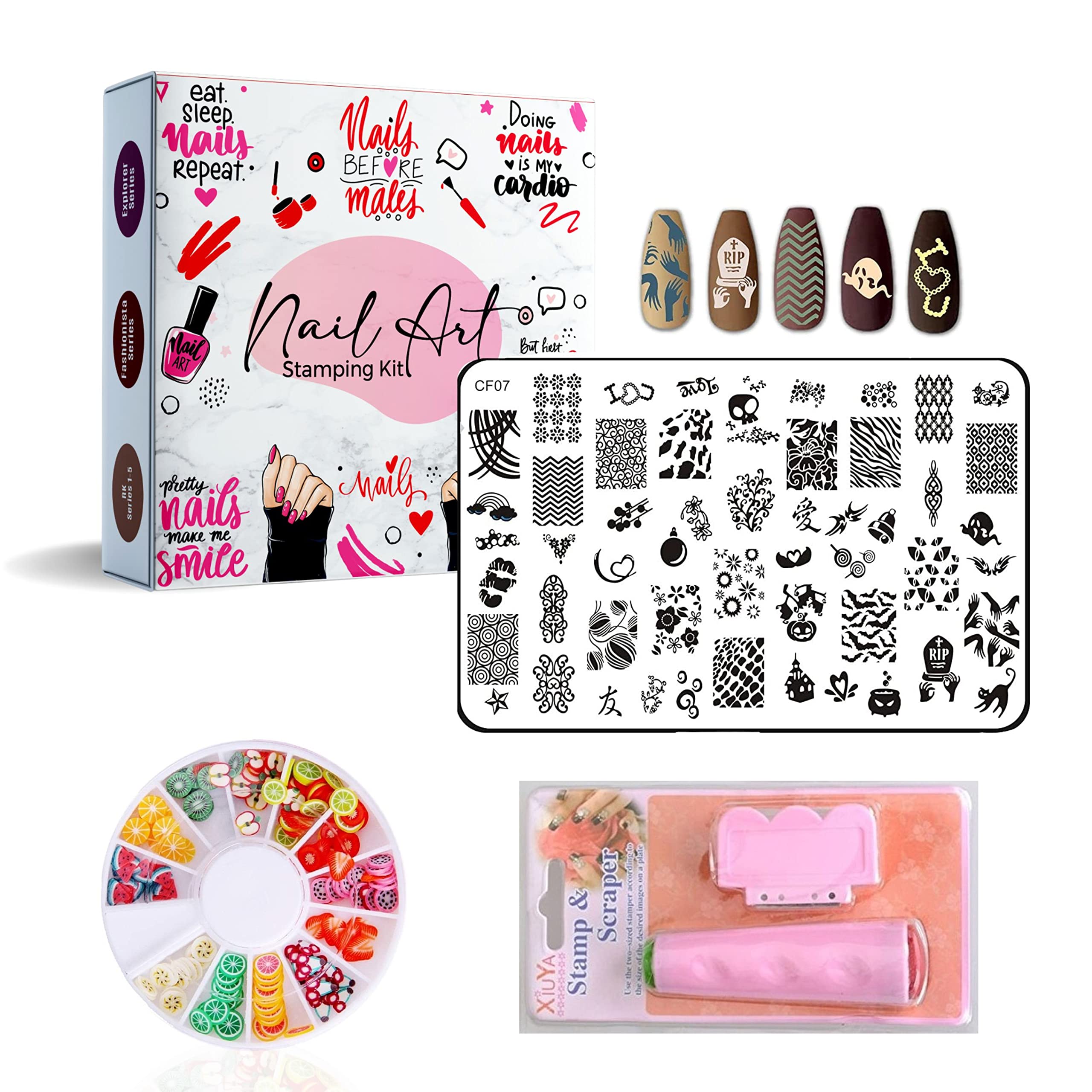 RoyalKart Nail Art Stamper Kit with Scraper & Nail Accessories - Professional Manicure Stamping Tools for DIY Nail Designs (CF07) - Perfect for Home Salon, Party Nail Art & Gift Giving