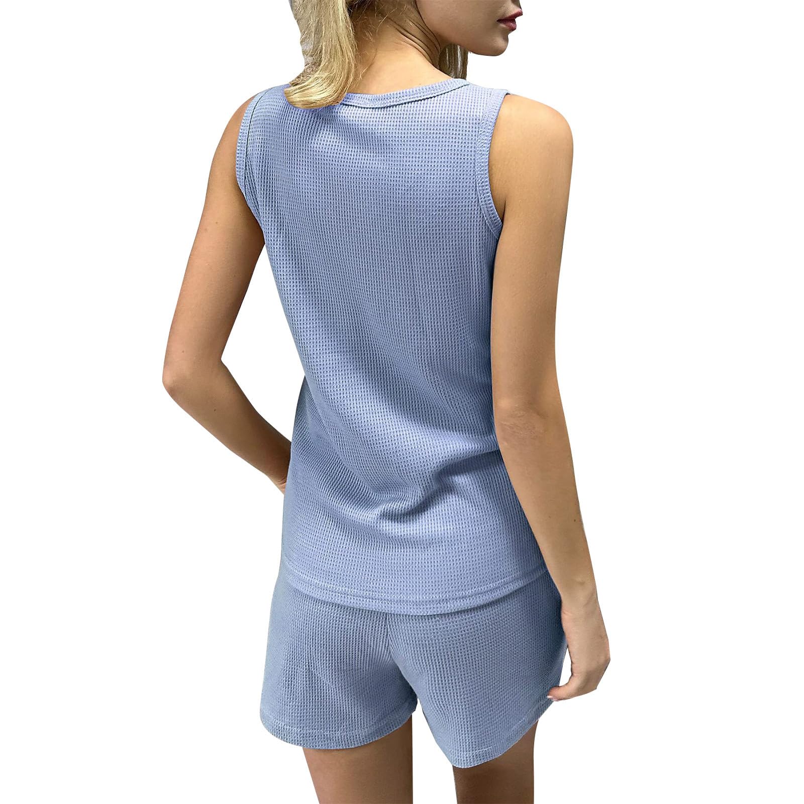 Women's Casual Summer Lounge Sets 2024 - Sleeveless Knit Waffle Top & Drawstring Shorts - Loose Comfortable Travel Outfits for Home, Beach & Vacation