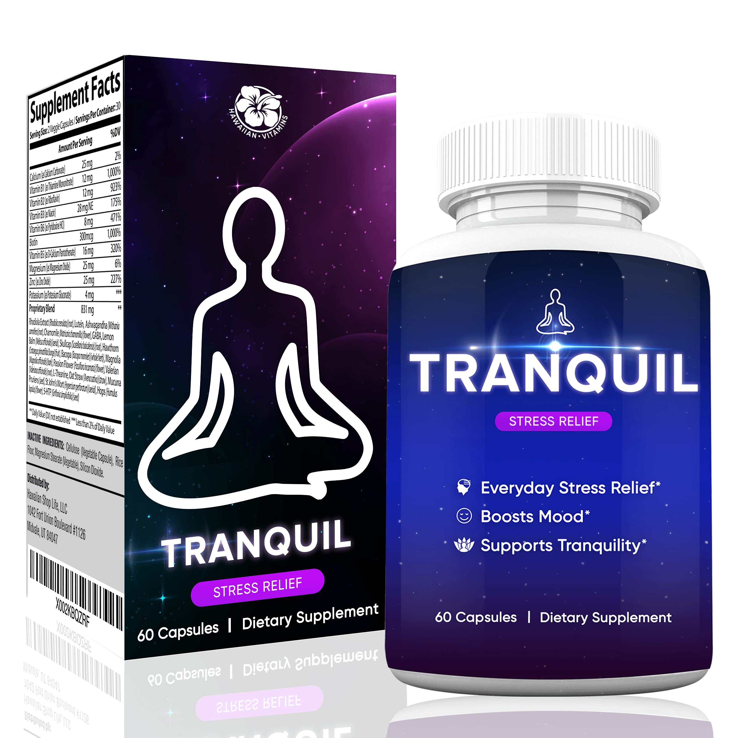 Tranquil Natural Calming Supplement with B Vitamins, Magnesium & L-Theanine - Stress Relief & Energy Booster for Daily Wellness - Hawaiian Vitamins with Chamomile Extract (60 Caps) - Perfect for Work Stress, Anxiety Relief & Better Sleep