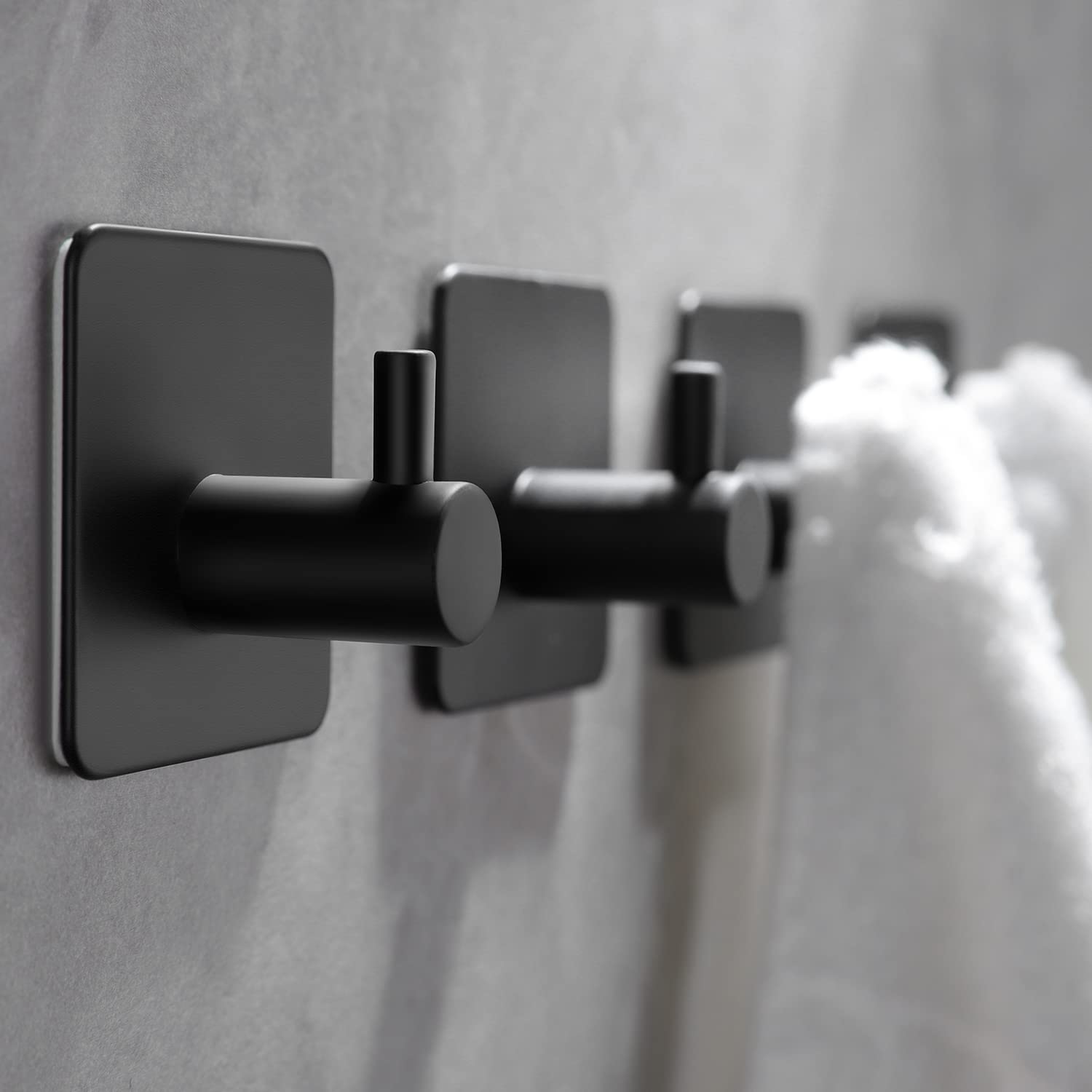 No Drill Stainless Steel Adhesive Towel Hooks - 4 Pack Black Matte Wall Hooks for Kitchen, Bathroom & Home Organization - Strong Self-Adhesive Holds Towels, Robes & Utensils Without Damage