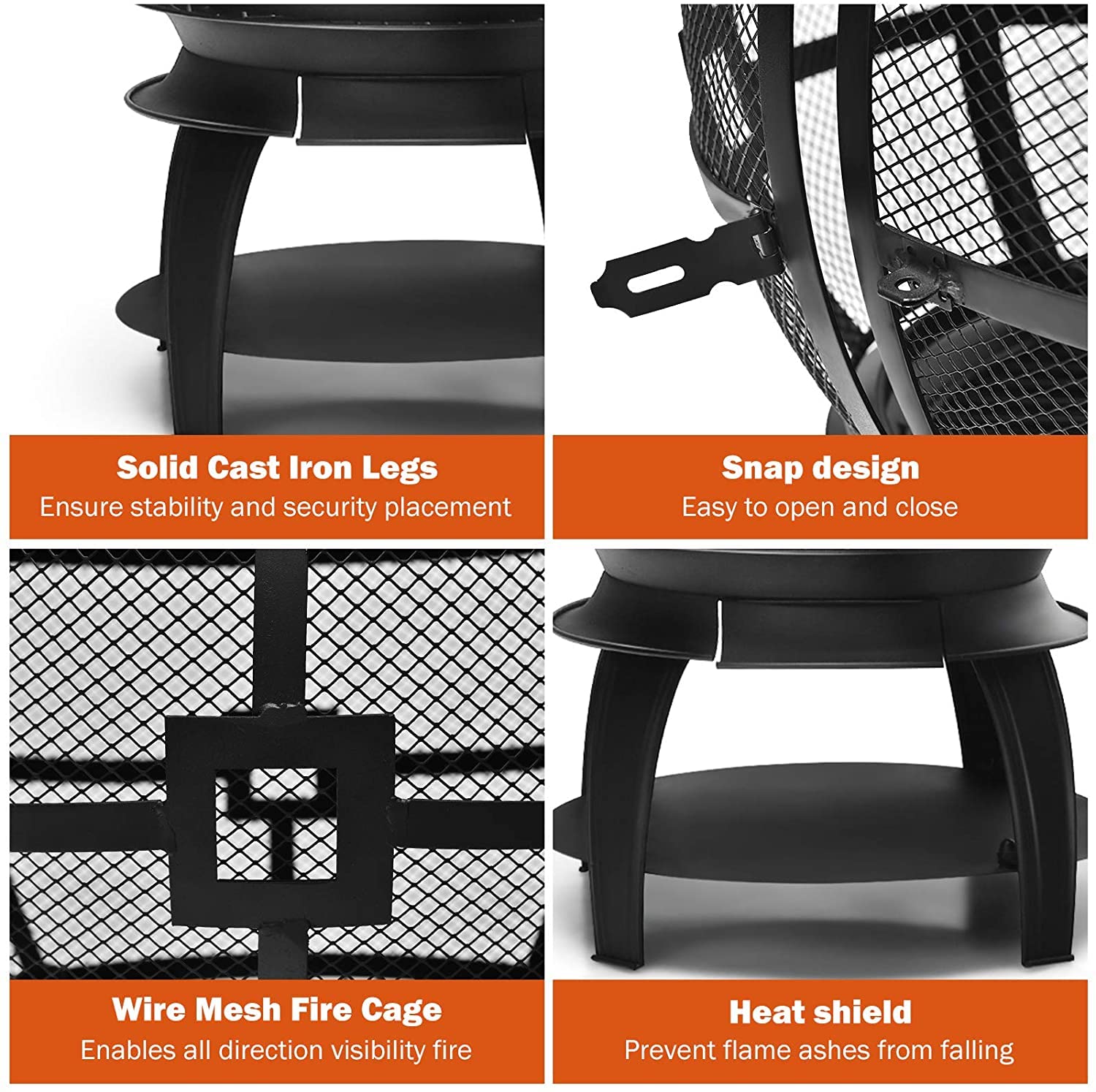 SAFSTAR Outdoor Cast Iron Chiminea - Wood Burning Fire Pit with Fire Poker & 360° Fire Retardant Mesh Cover - Durable Patio Chiminea for Backyard, Garden, and Camping Fireplace Use