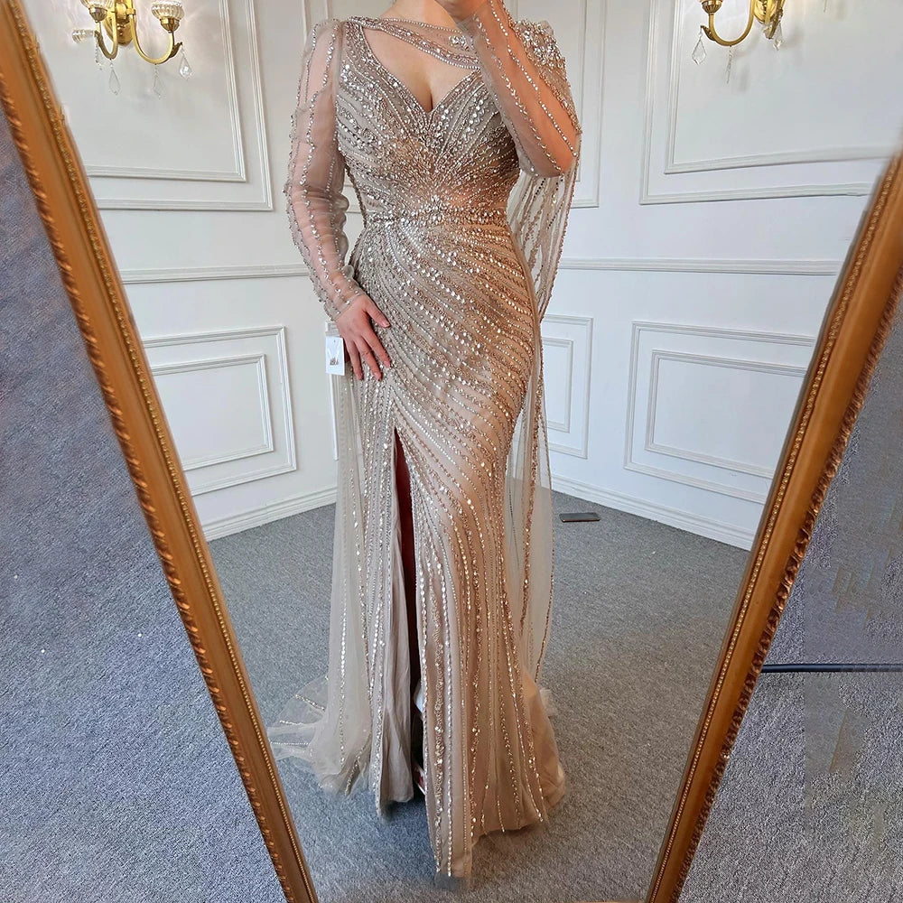Luxury Dubai Brown Mermaid Evening Dress with Beaded Elegant High Slit - Formal Gown for Prom, Wedding & Red Carpet Events - LA70301L