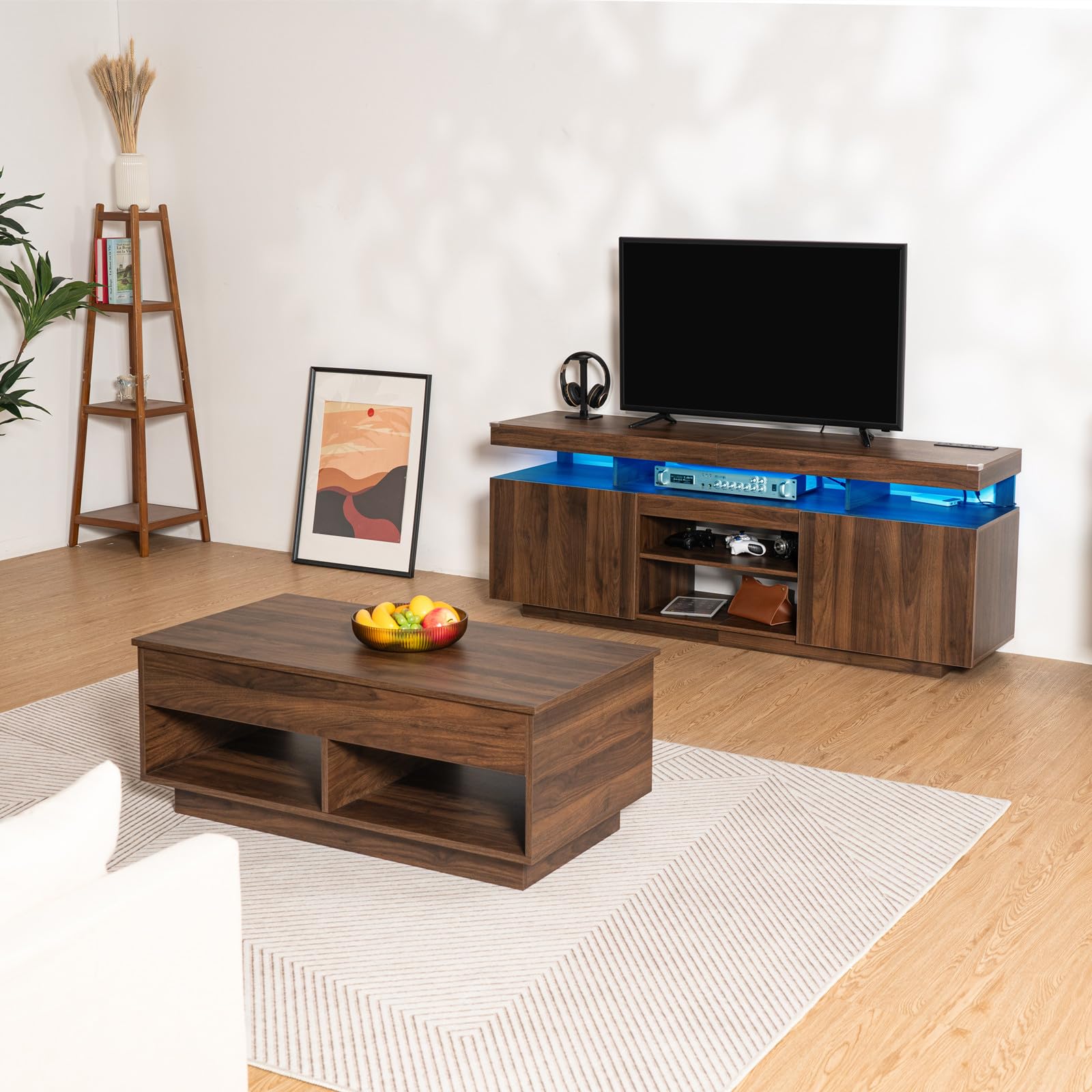 HOMMPA Modern Industrial TV Stand and Coffee Table Set of 2 - LED Entertainment Center for 55/65/70 Inch Gaming TV Console with Lift Top - Walnut Living Room Furniture for Gaming & Movie Nights