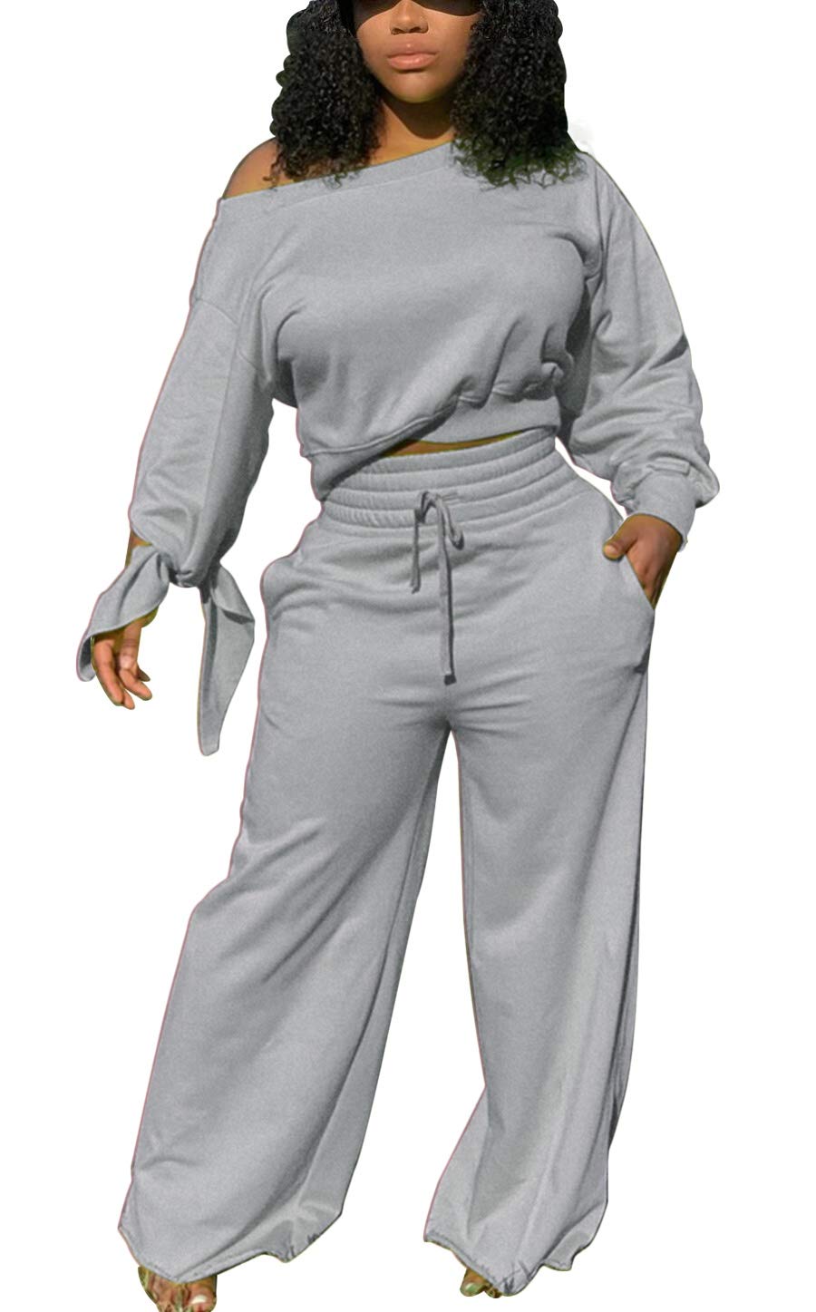 Molilove Women's 2-Piece Sweatsuit Set - Long Sleeve Pullover & Drawstring Sweatpants | Comfortable Workout Outfits for Yoga, Gym & Lounge Wear