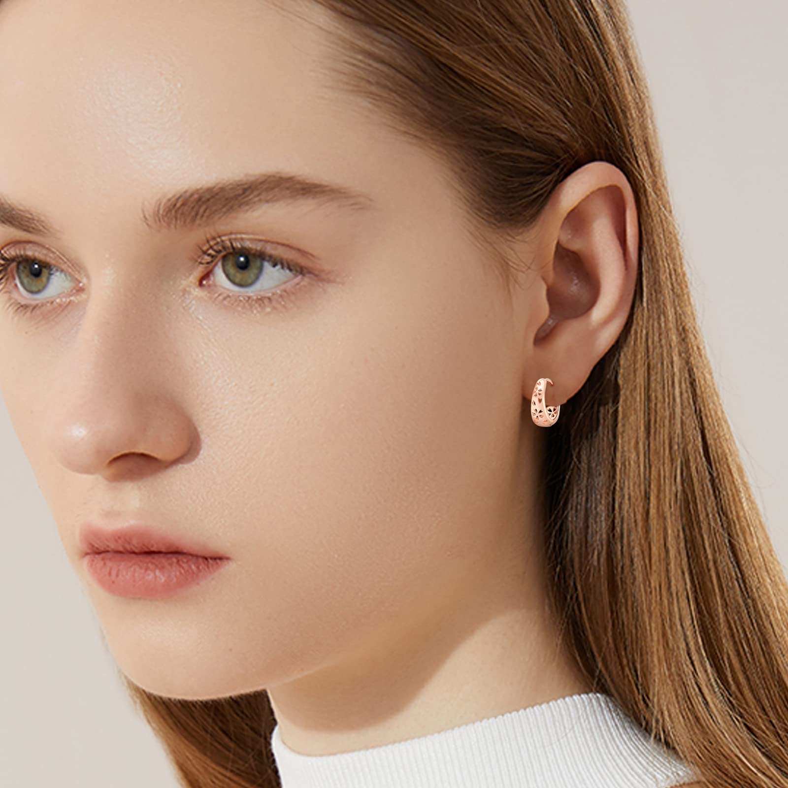 TwoOwl 925 Sterling Silver Rose Gold Hoop Earrings - Lotus Flower Openwork Huggie Earrings for Women, Sakura Wide Hoops Jewelry Gift (Perfect for Mother's Day, Birthday, Anniversary & Everyday Wear)