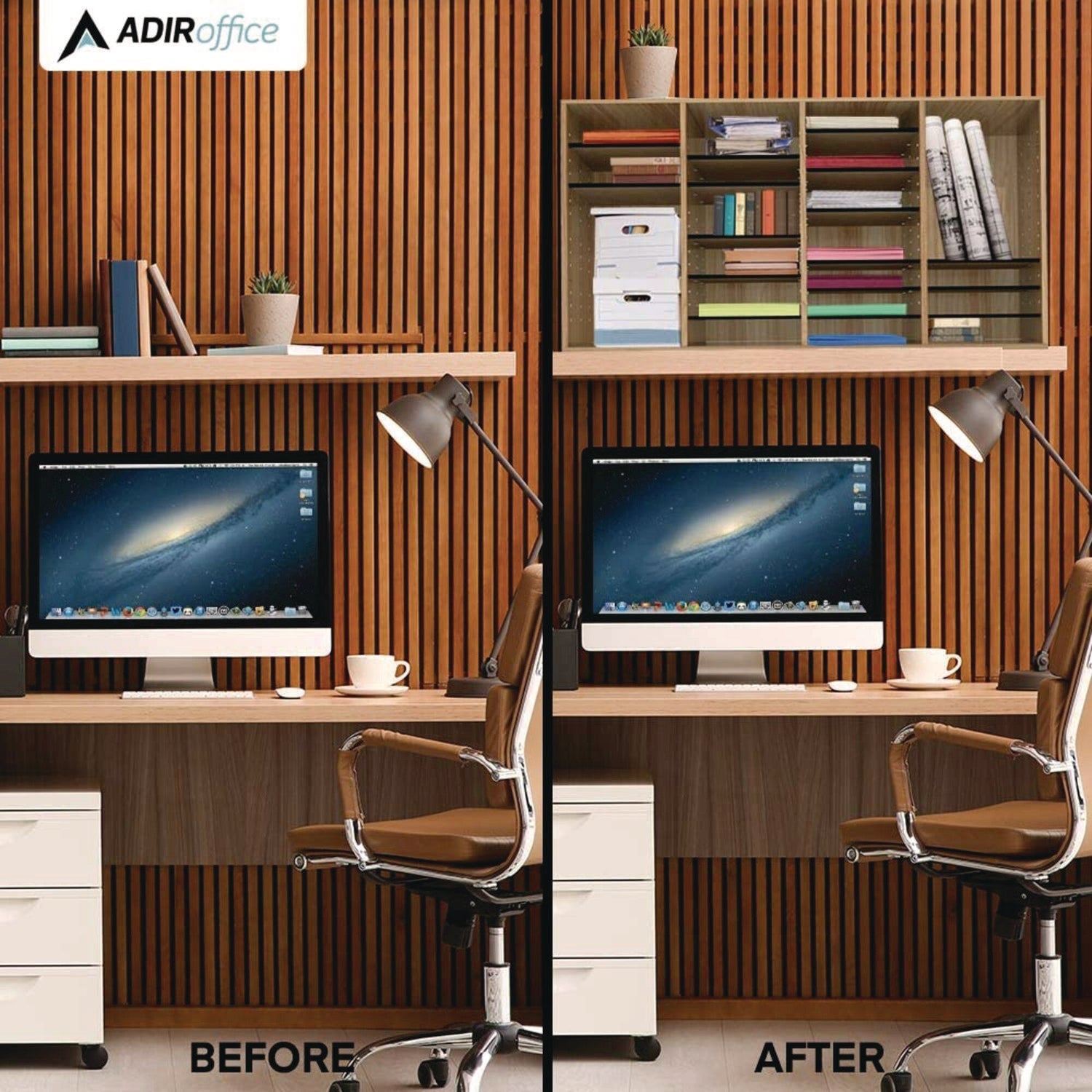 AdirOffice Wooden Adjustable 36-Compartment Letter Size Literature Organizer - Medium Oak (39.3