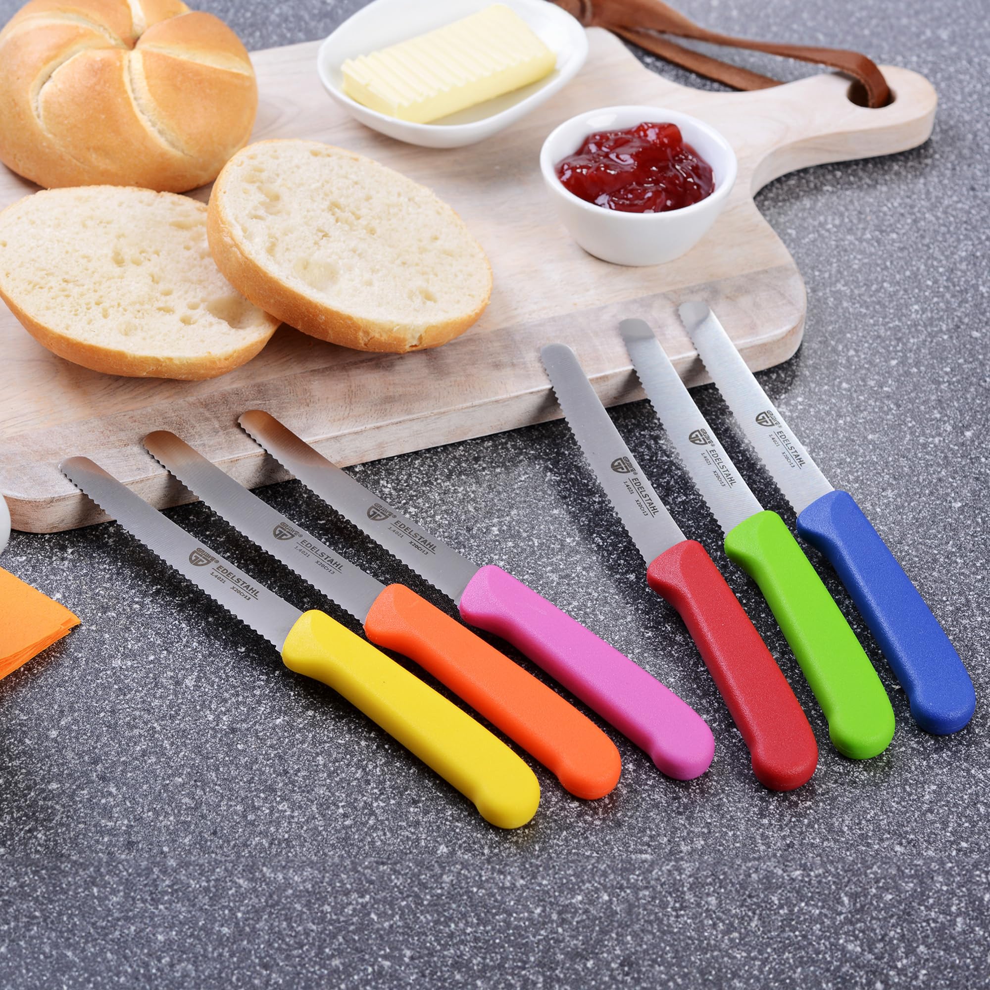 6-Piece Table Knife Set - 8.3 Inch Serrated Bread Knives for Cutting, Breakfast & Kitchen Use - Colorful Stainless Steel Knives (Pack of 6) - Perfect for Slicing Bread, Fruits, Cakes & Daily Meal Prep