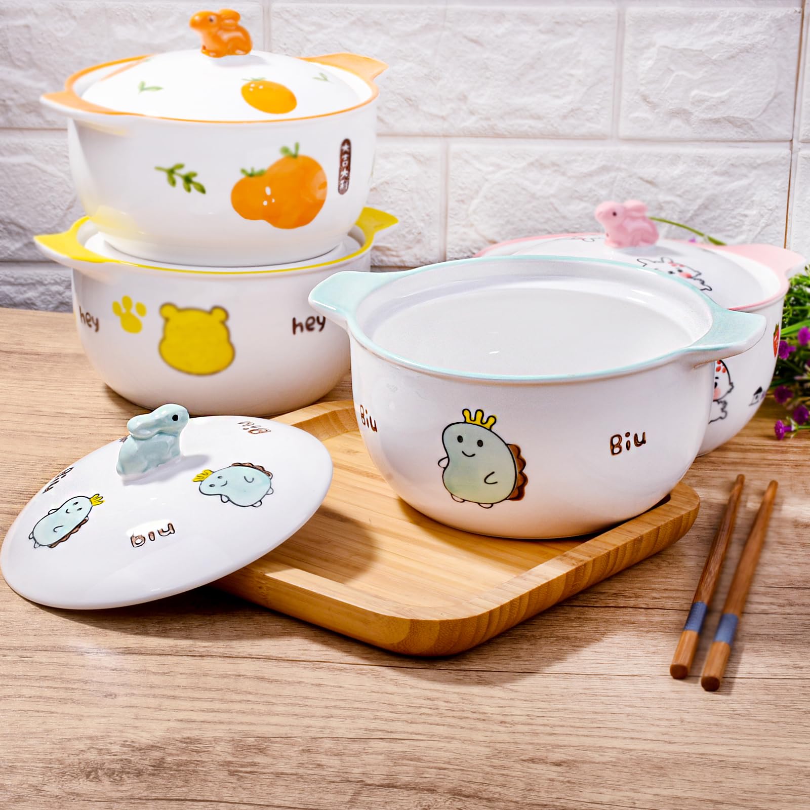 Adorable Animal Ceramic Bowls with Lids Set - Microwave & Dishwasher Safe Food Storage Containers for Kitchen, Meal Prep, Instant Noodles, Office, Dorm, Bento & Snacks | Perfect for Home, Work & College Use