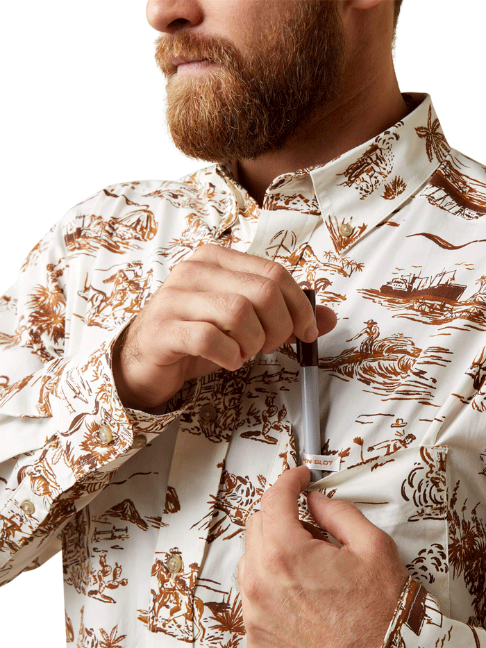 Ariat Men's Wrinkle Resistant Paniolo Western Aloha Stretch Classic Fit Shirt - Sand Color for Casual Wear, Cowboy Rodeo & Hawaiian Themed Events