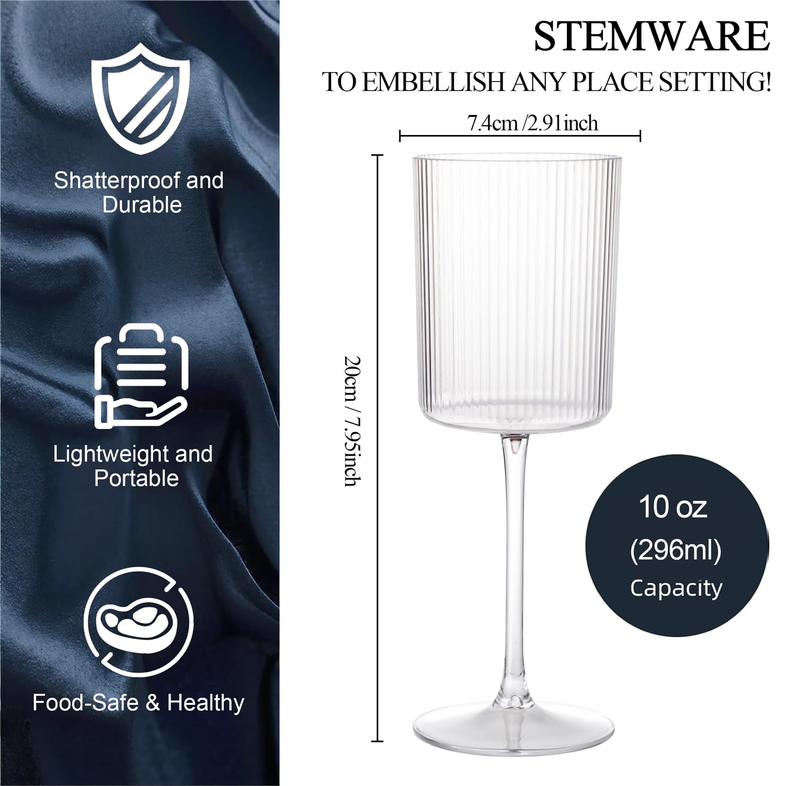 Ciaell 12-Pack Plastic Ribbed Wine Glasses - 10 oz Square Stemware for Champagne, Cocktails & Parties - Disposable Wedding, Bridal Shower & Event Cups - Elegant & Shatterproof Drinkware for Indoor/Outdoor Celebrations