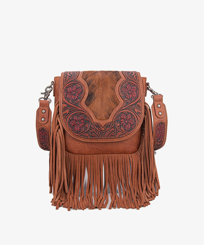 Genuine Hair-On Cowhide Crossbody Bag with Tooled Fringe - Trinity Ranch Western Style Purse for Women | Perfect for Rodeo, Country Concerts & Boho Fashion