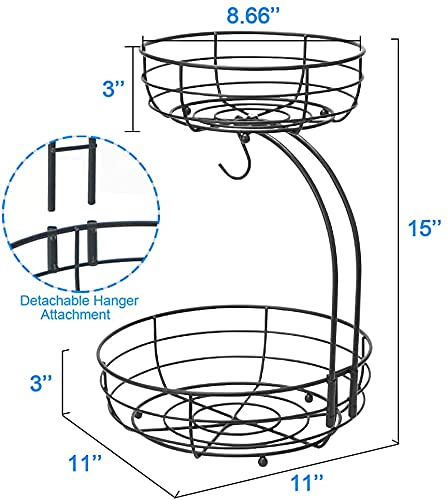 2-Tier Metal Fruit Basket with Banana Hanger - Kitchen Countertop Organizer for Fruits, Veggies & Snacks