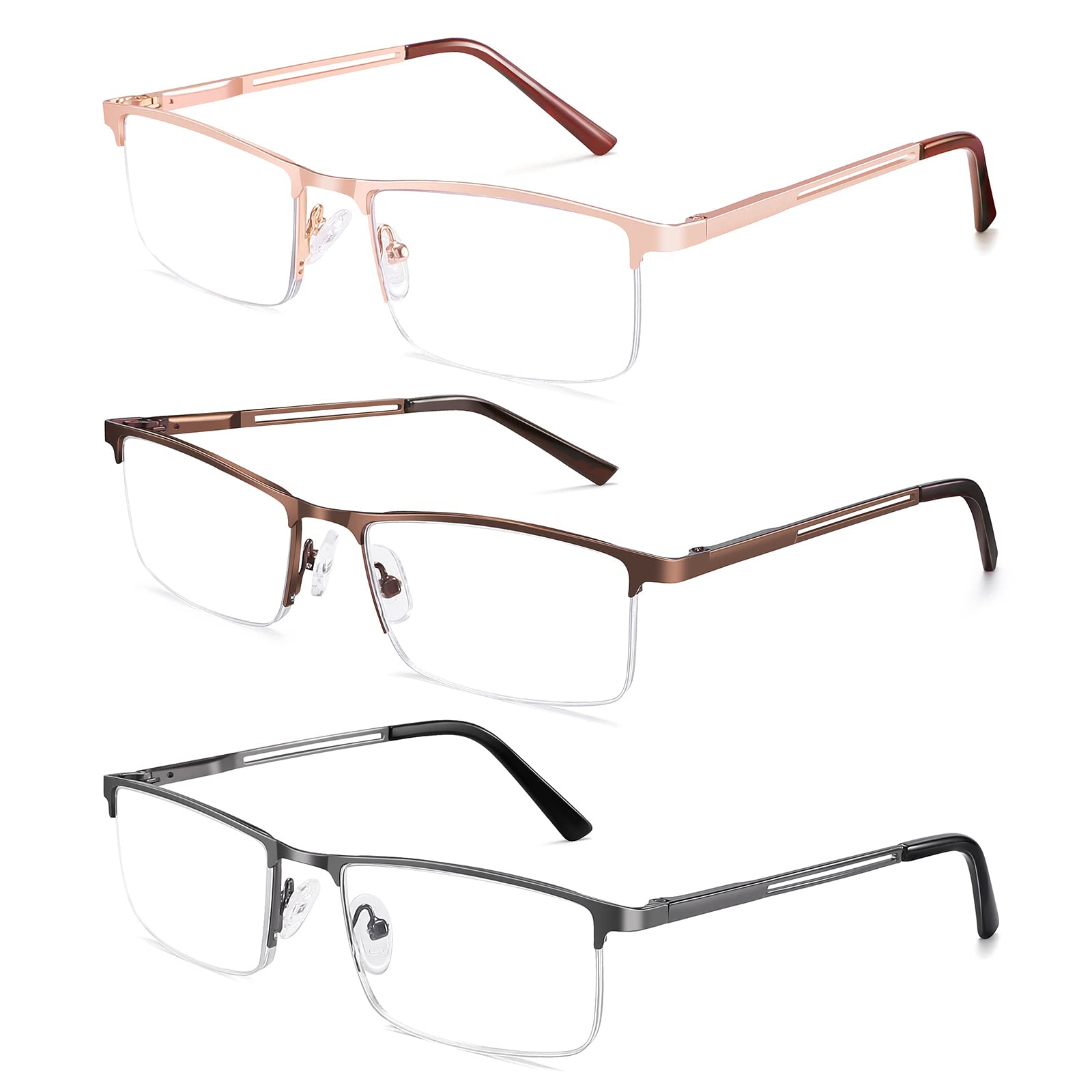 HUYAOPT 3-Pack Blue Light Blocking Reading Glasses for Men & Women - Anti Glare Computer Glasses with Spring Hinge Metal Frame (Mixed Color, 3.0 Magnification) - Perfect for Office Work, Gaming & Screen Time