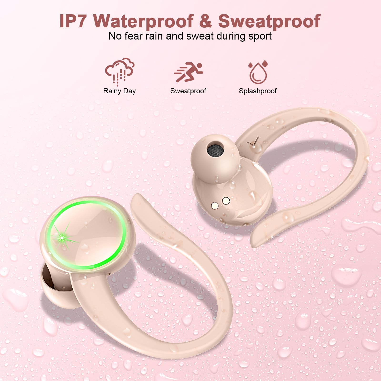 Wireless Earbuds Bluetooth 5.4 with Noise Cancelling - 50H Playtime, IP7 Waterproof for Sports & Running - Light Pink