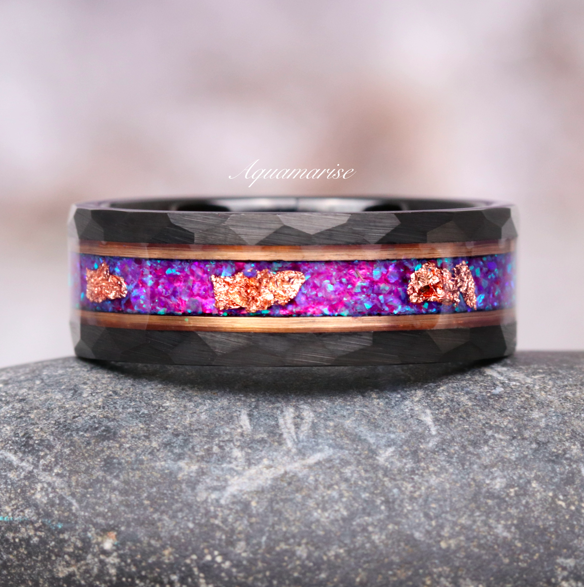 8MM Black Tungsten Carbide Wedding Band with Purple Fire Opal & Rose Gold Leaf - Perfect for Men's Engagement Rings, Anniversary Gifts & Unique Jewelry Collections
