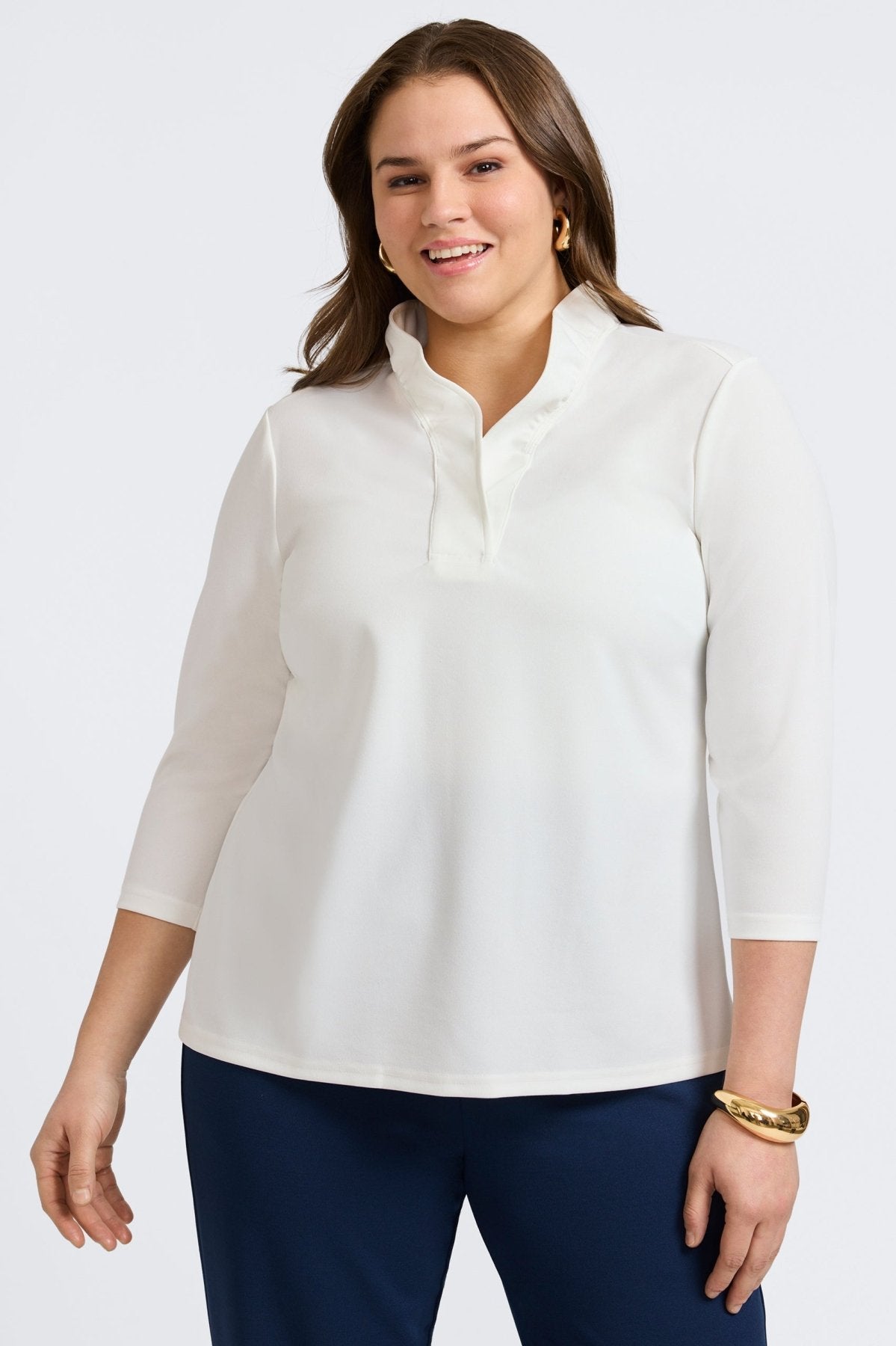 Tammy Plus Knit Crepe 3/4 Sleeve Popover Shirt for Women | Comfortable Stretchy Blouse | Perfect for Office Wear & Casual Outings
