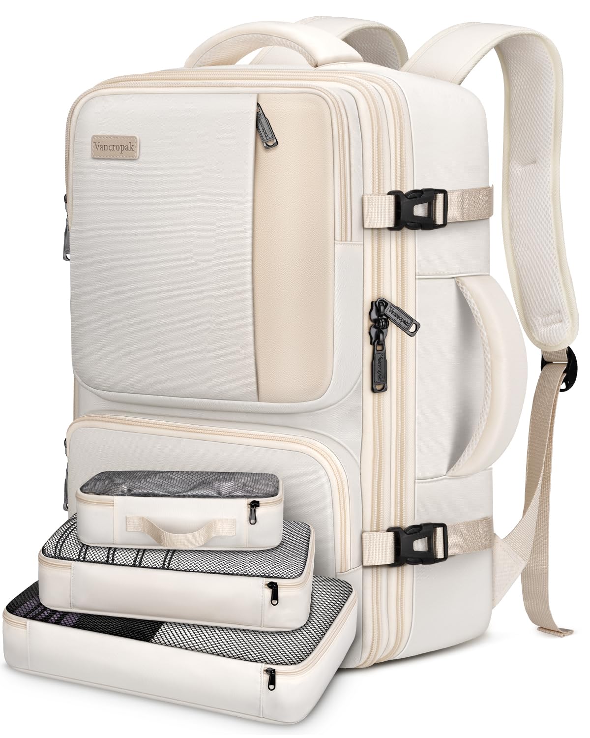 Vancropak 47L Expandable Carry On Backpack - Extra Large Flight Approved Travel Backpack with 3 Packing Cubes, Water Resistant Luggage & Duffle Bag for Women & Men (Beige) - Perfect for Weekend Trips, Overnight Stays & Air Travel