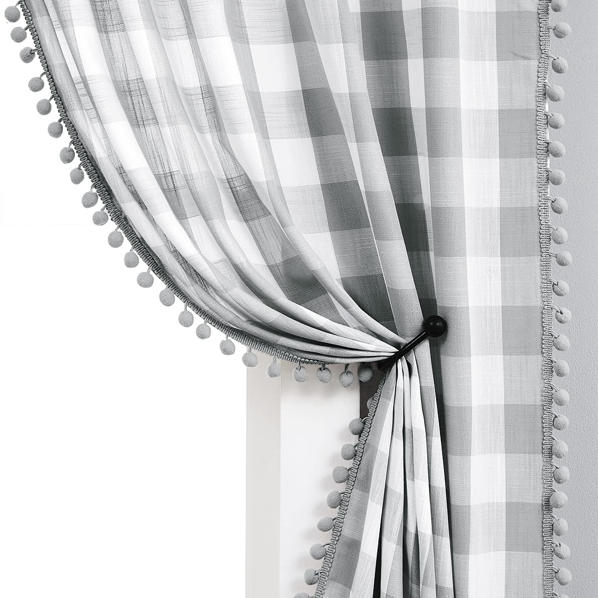 Treatmentex White Grey Buffalo Plaid Curtains 95 Inch - Vintage Farmhouse Gingham Check Window Panels with Pom Pom Trim (Set of 2) for Living Room, Bedroom, Kitchen & Basement - Cozy Rustic Home Decor & Insulation