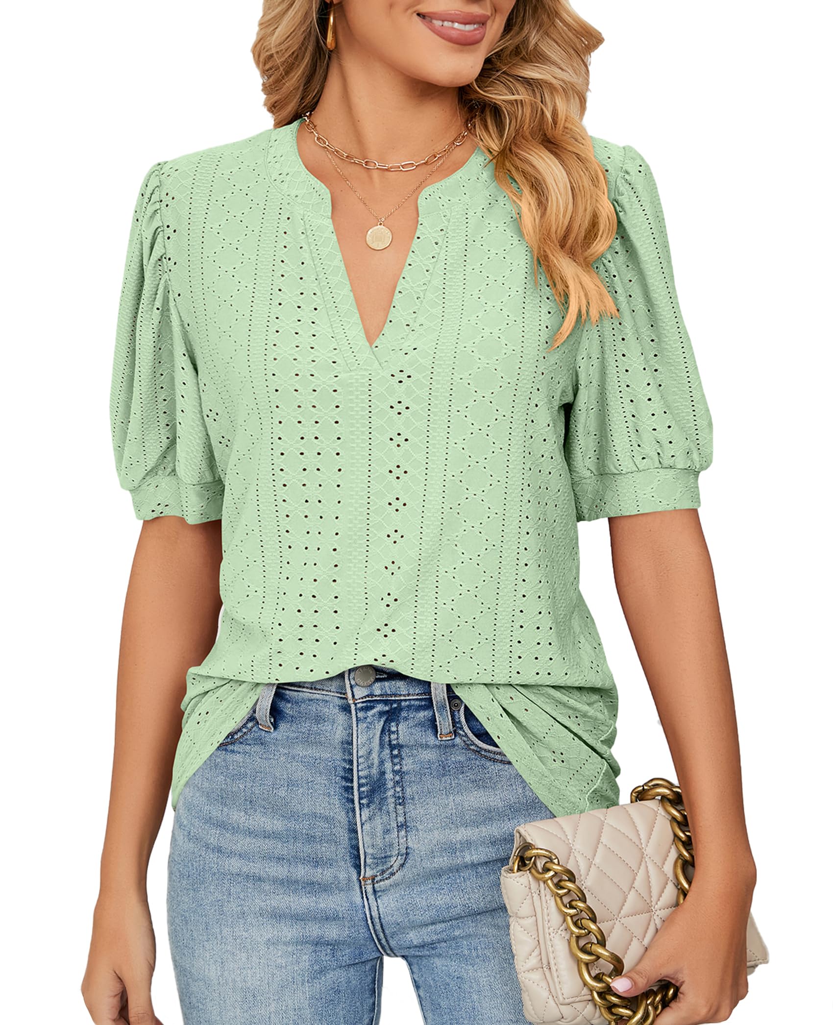 BAISHENGGT Women's Summer Puff Sleeve Blouse - Elegant V-Neck Tunic Top for Casual & Dressy Occasions | Perfect for Office, Date Night & Summer Outings