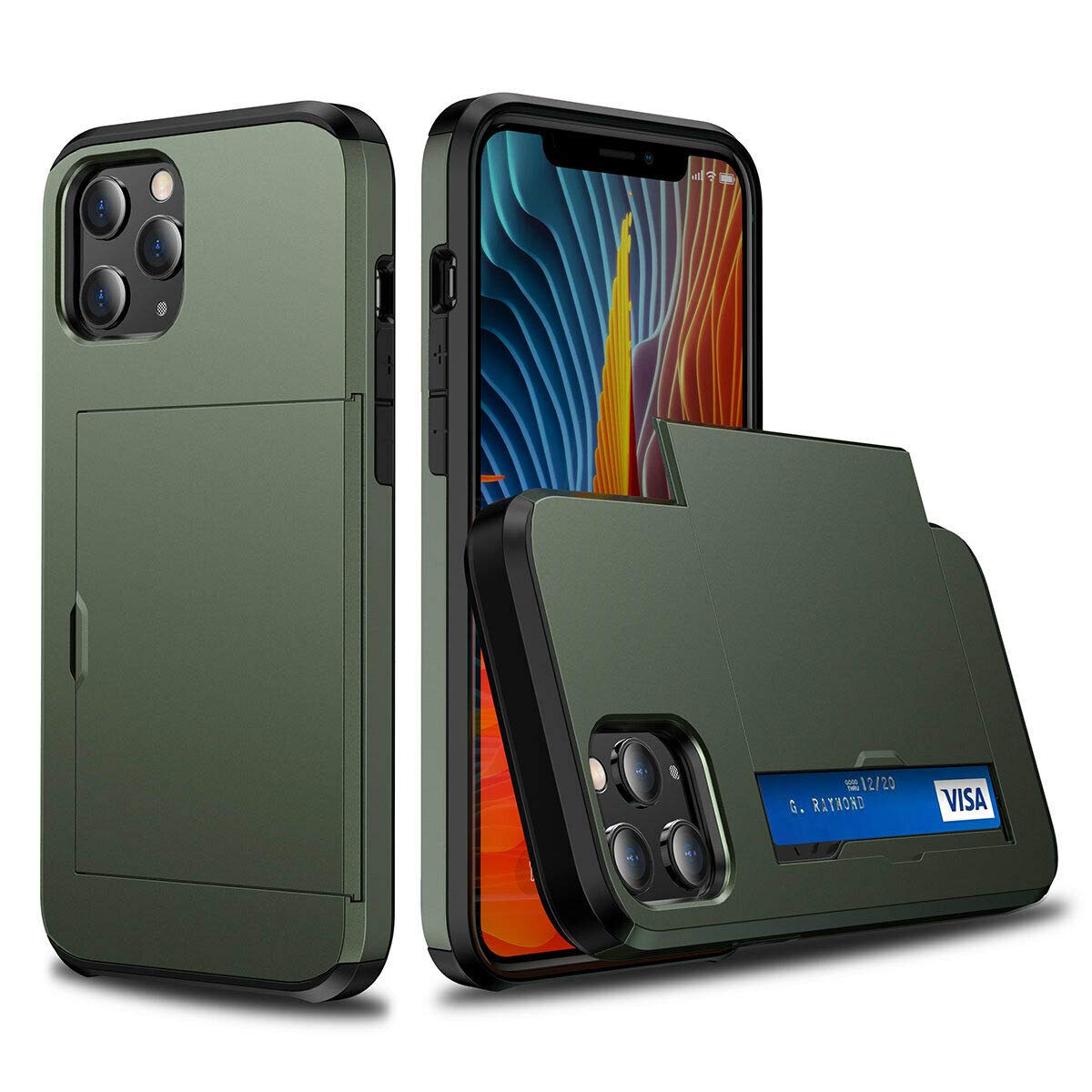 Ultra-Thin Shockproof Hard Back Silicone Case with Credit Card Holder for iPhone 12 Pro Max - Army Green | Slim Protective Cover with ID Card Slot for Everyday Use & Travel