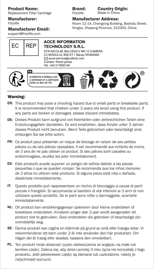 Frizzlife GR303 Replacement Water Filter Cartridge (TC) for GX99 Ultra-Filtration System – Compatible with Under Sink & Countertop Water Filtration Units