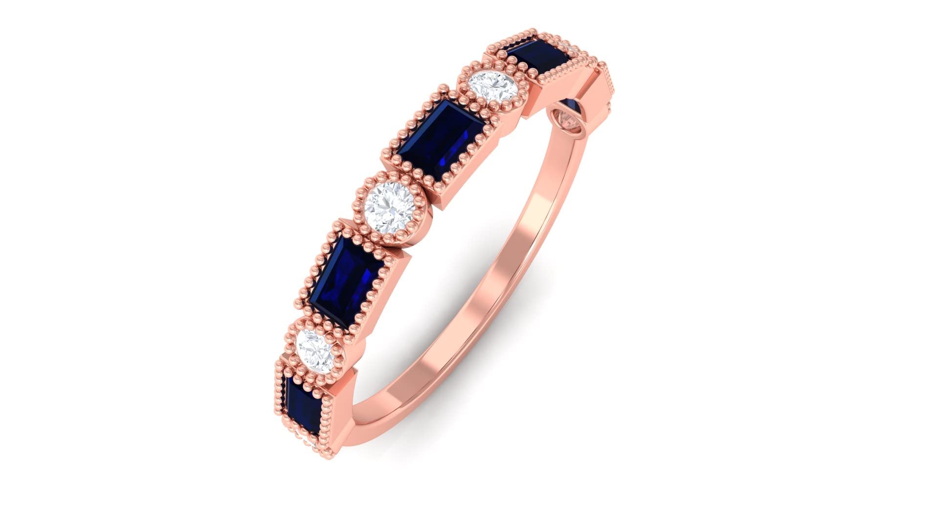 3/4 CT Blue Sapphire & Diamond Half Eternity Ring - 14K Solid Gold Bezel Set Beaded Wedding Band - Perfect for Engagement, Anniversary & Special Occasion Gifts