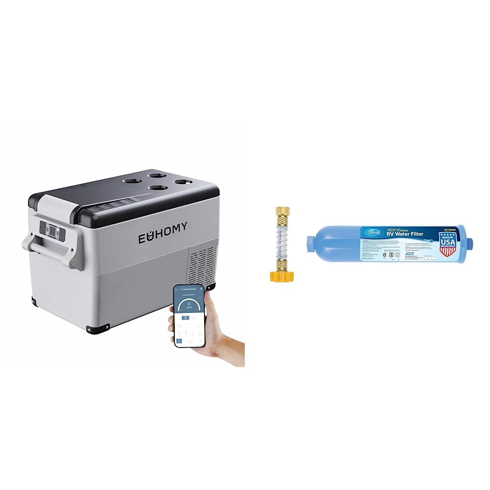EUHOMY 12V Portable Refrigerator 35L (38QT) - Car RV Truck Camping Fridge with Dual Power 12/24V DC & 110-240V AC + Camco TastePURE Water Filter & Hose Protector | Compact Freezer for Road Trips, Tailgating & Outdoor Adventures