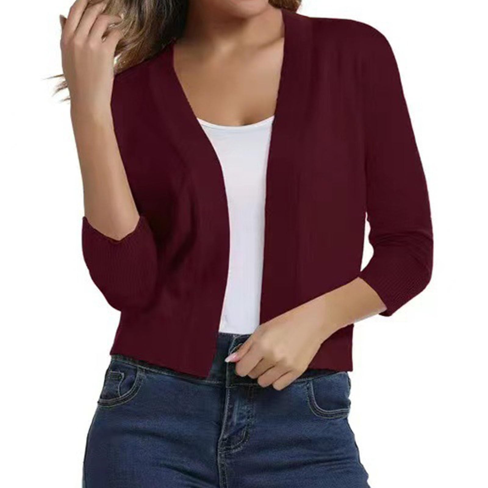 Women's Lightweight Open Front Long Sleeve Cropped Cardigan - V Neck Button Down Sweater Shrug for Layering, Office Wear & Casual Outfits