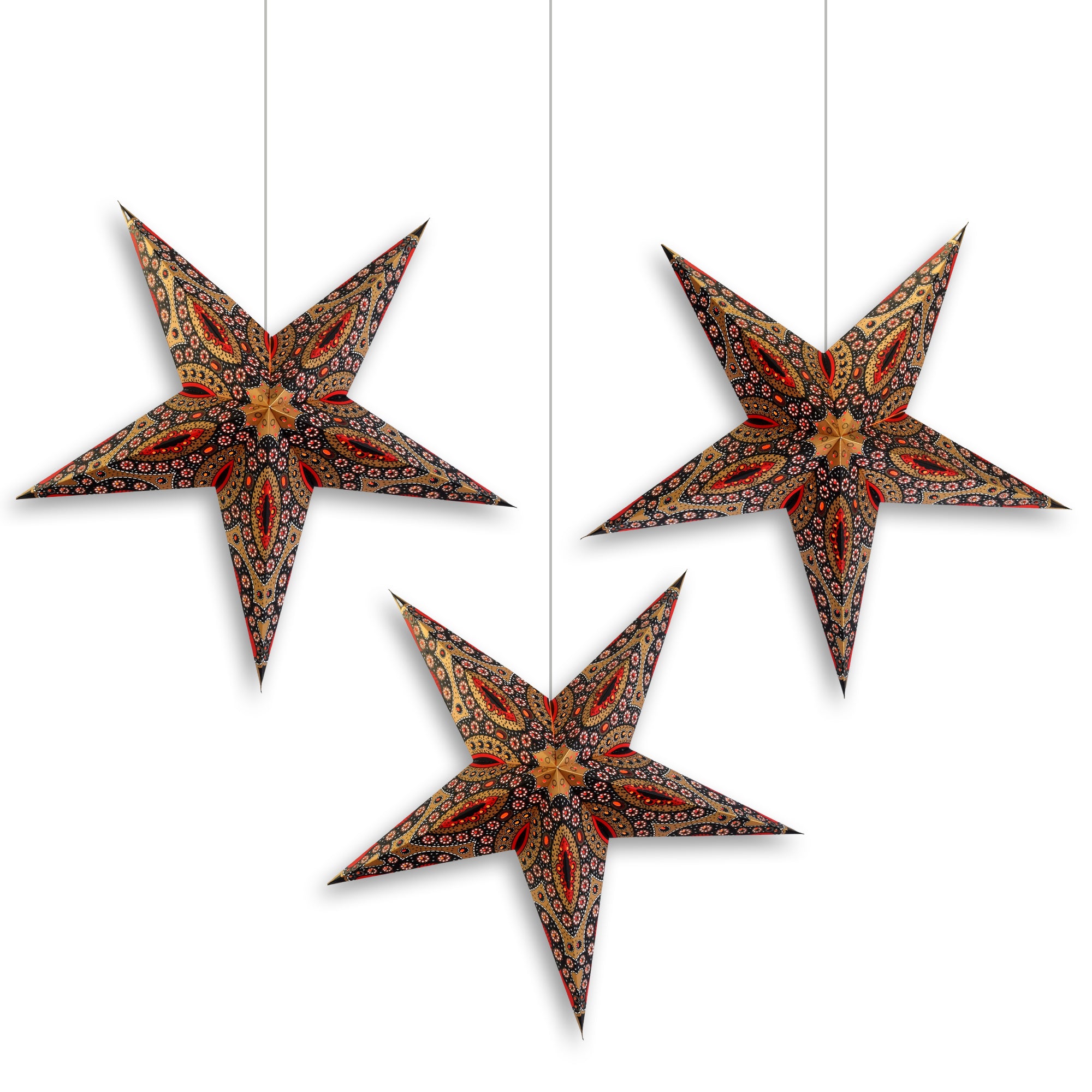 3 Pack 24 Inch Red Gold Paper Star Lantern with Triple Pendant Light - Hanging Decoration for Christmas, Party, Wedding & Home Decor