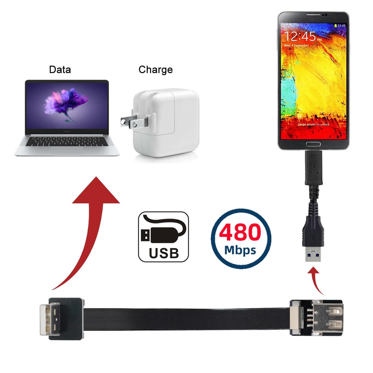 Up Angled USB 2.0 Type-A Male to Female Extension Cable - 20CM Flat Slim FPC Data Transfer Cable for FPV Drones, Disk Drives, Scanners & Printers | Perfect for Office Setup, Home Electronics & DIY Projects