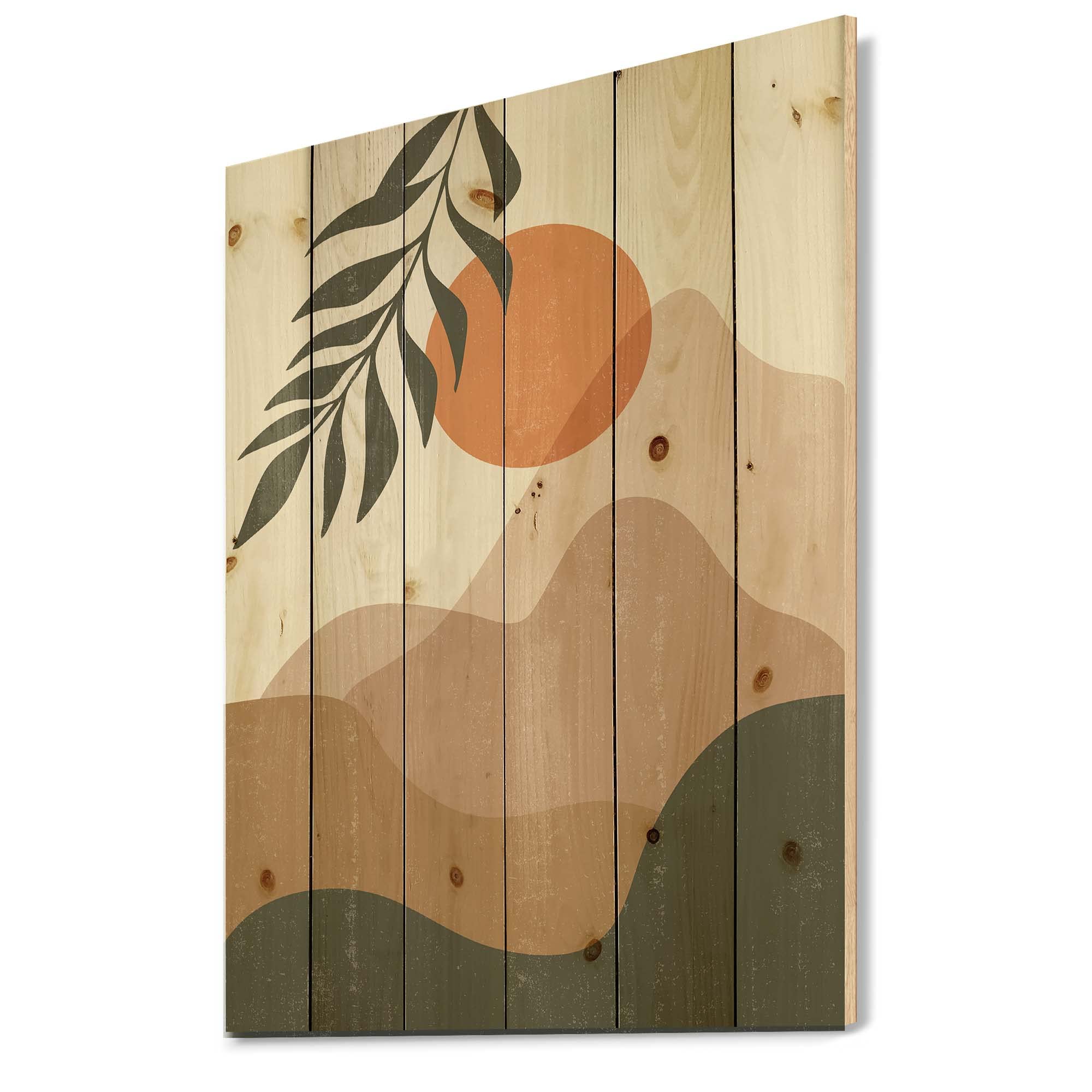 Abstract Red Moon in Earth Toned Mountains Wood Wall Art - Modern Contemporary Pine Wood Decor, Large Floral Wood Panel for Living Room, Bedroom & Office Wall Decoration