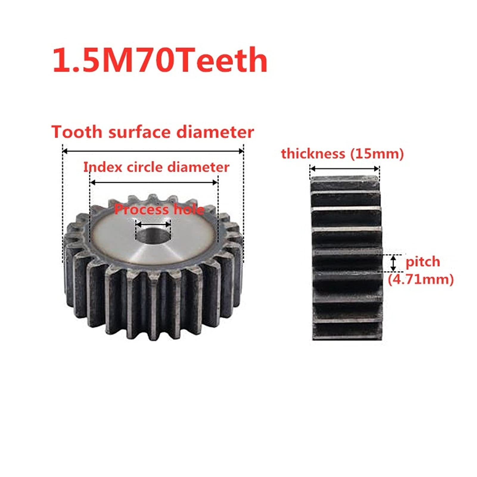 1.5M 70T Pinion Gears - 14mm Bore Low Carbon Steel Spur Gear for Motor & Machinery - Durable 70 Teeth Gear for Robotics, CNC, Automotive & Industrial Applications