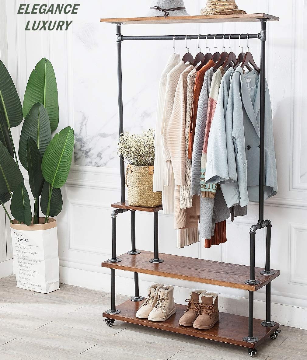 Heavy Duty Industrial Rolling Garment Rack - Steampunk Pipe Style Clothes Rack with Shelf & Shoe Storage | Mobile Hall Tree for Home, Retail Store & Boutique Organization | Rustic Wood & Metal Design for Bedroom, Closet or Commercial Use