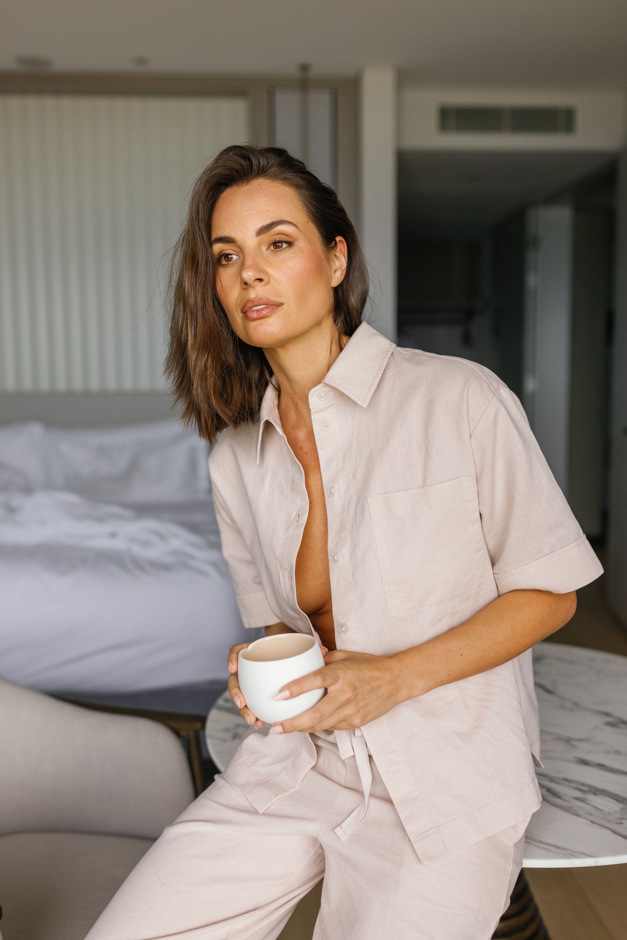 Portia Linen Bridesmaid Pajamas Set - Long Sleeve Champagne Color Sleepwear for Wedding Party, Bachelorette & Bridal Shower Gifts