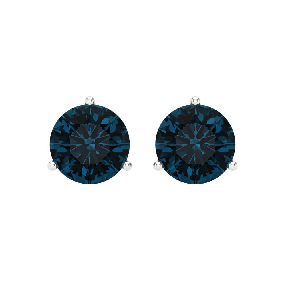 4.0 Carat Round Cut Genuine Natural London Blue Topaz Stud Earrings in 18K White Gold with Screw Back - Perfect for Weddings, Anniversaries & Special Occasions