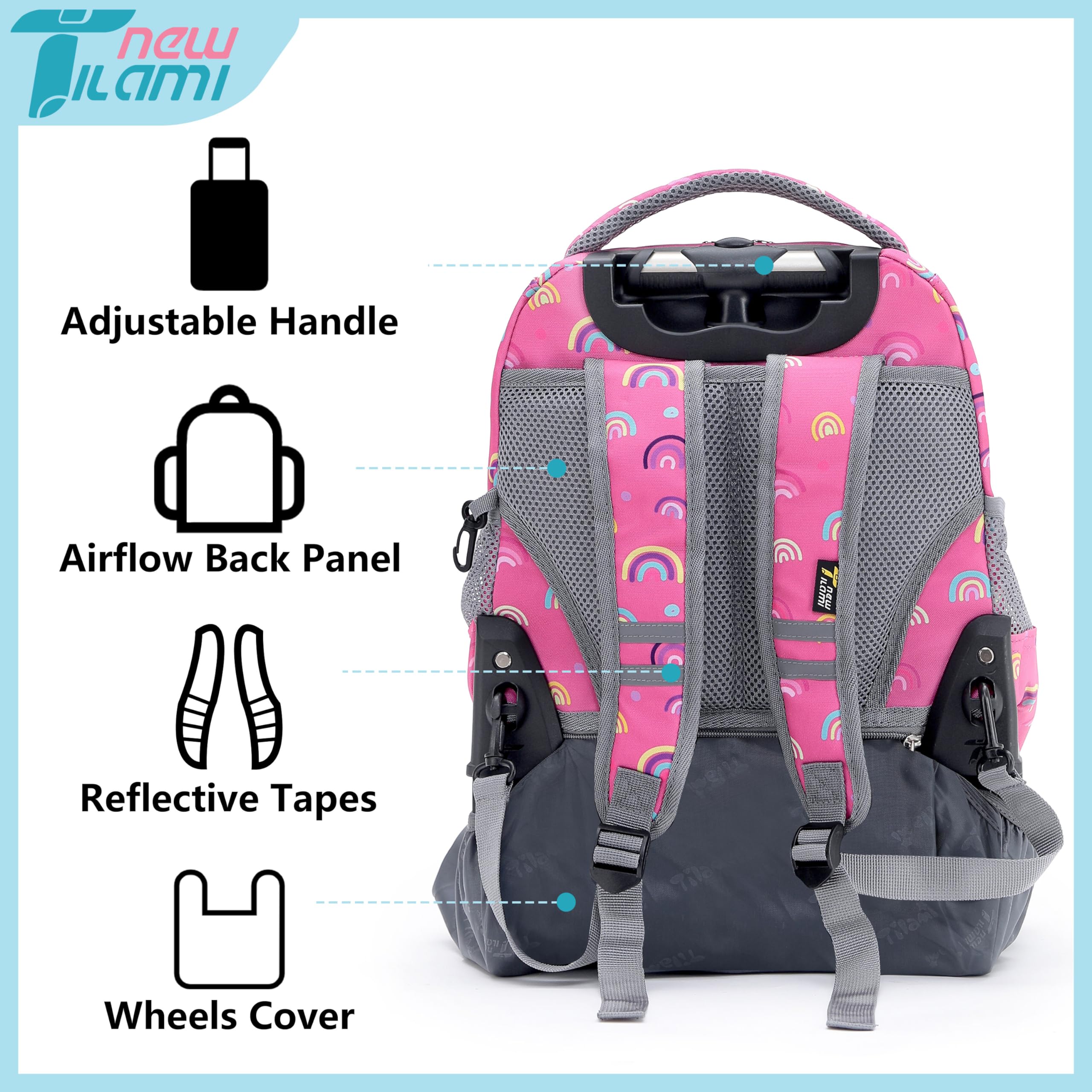 TILAMI 16 Inch Rolling Backpack for Kids - Adjustable Wheeled Laptop Backpack for Boys & Girls, School, Travel, Camping - Rainbow Unicorn Design | Perfect for Daily Commute, Weekend Trips & Outdoor Adventures