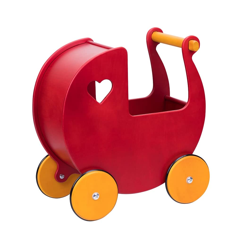 Red Wooden Baby Doll Pram - Vintage Style Stroller for Toddlers & Pretend Play - Perfect for Indoor & Outdoor Role Play, Gift for Girls