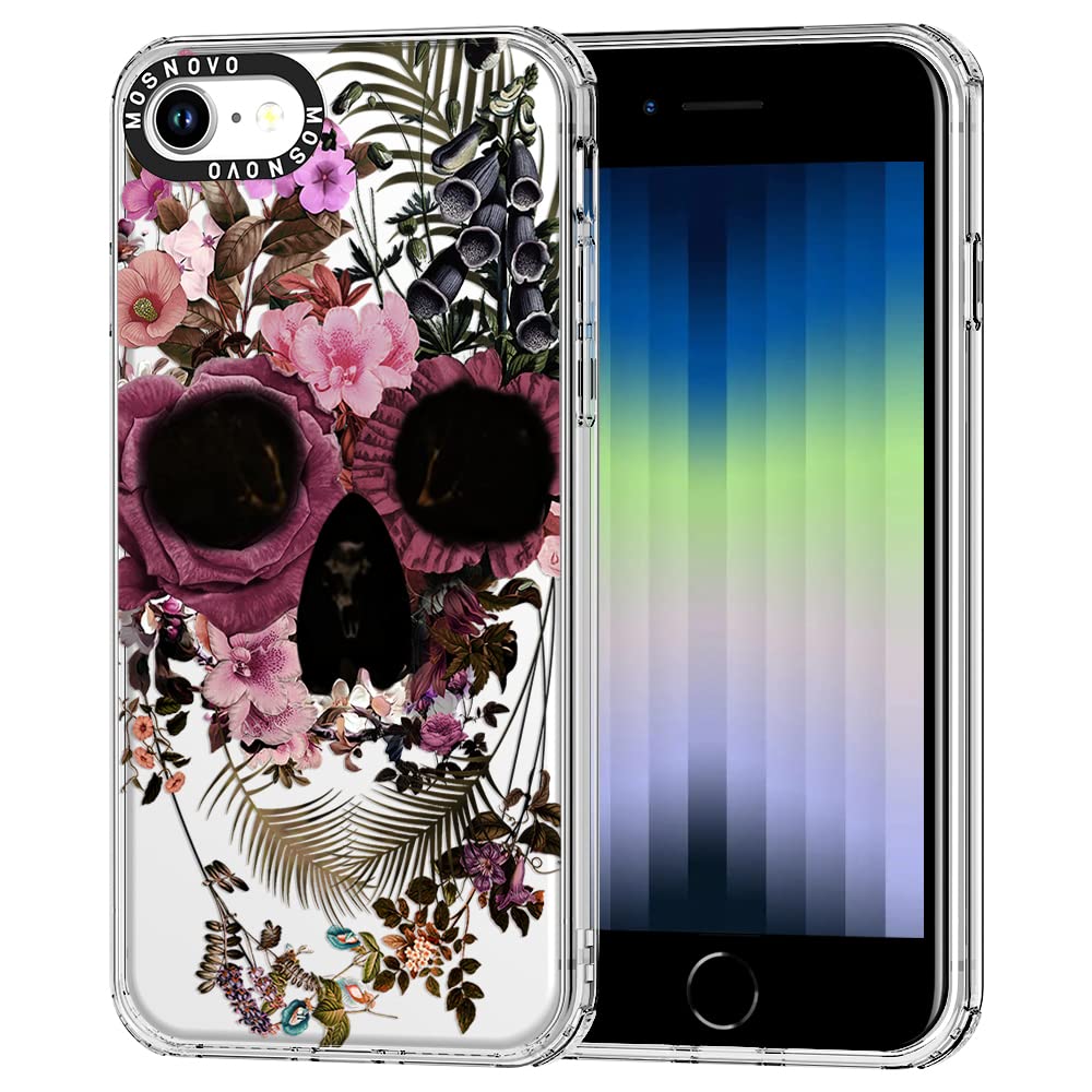 MOSNOVO Shockproof Clear Case for iPhone SE 2022/SE 3/SE 2020/8/7 - Floral Skull Design with TPU Bumper | Slim Protective Cover for Everyday Use, Work & Travel