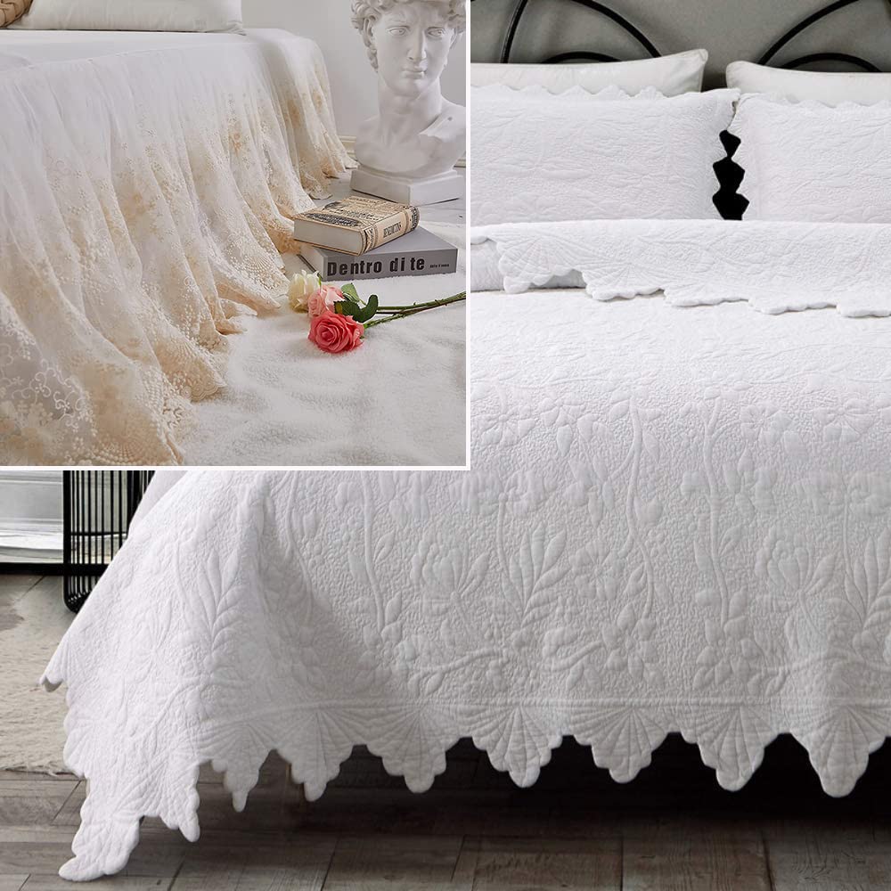 Brandream 4-Piece Queen Size Quilt Bedding Set - Scalloped Edge White Cotton Bedspread with Matching Pillow Shams - Farmhouse Style Comforter for Cozy Bedroom Decor | Perfect for Master Bedroom, Guest Room & Vacation Homes