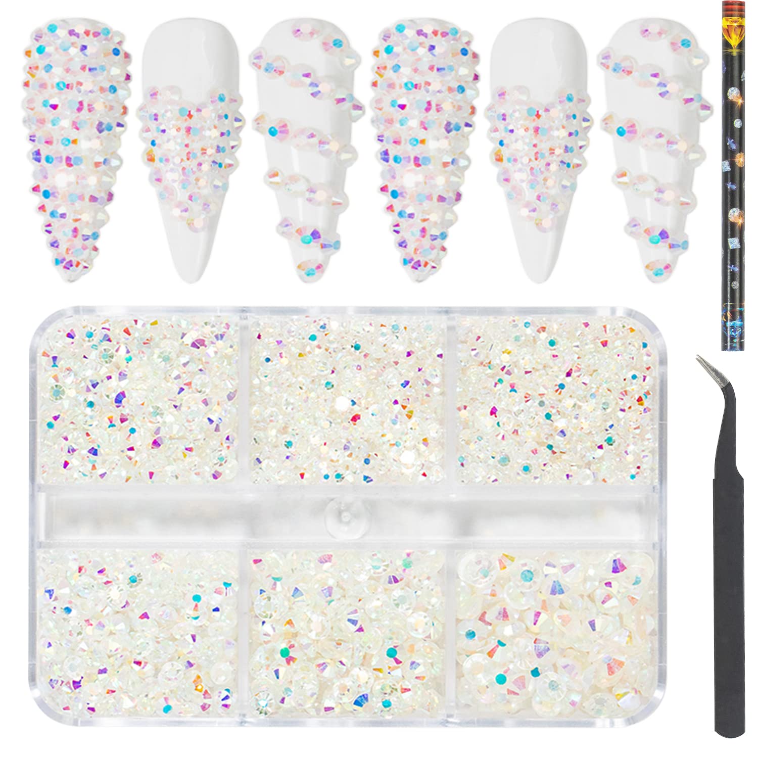 Premium Nail Art Crystal Rhinestone Set - Flat Bottom Round Nails Gemstone Decorations for DIY Manicure & Acrylic Nails (Clear AB) | Perfect for Salon, Home Nail Art, and Party Glam Looks