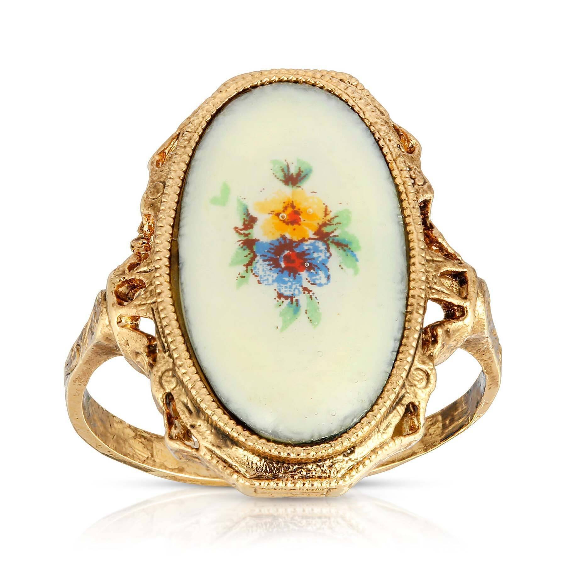 1928 Vintage Jewelry Ivory Enamel Blue & Yellow Floral Ring - Perfect for Weddings, Parties & Everyday Elegance