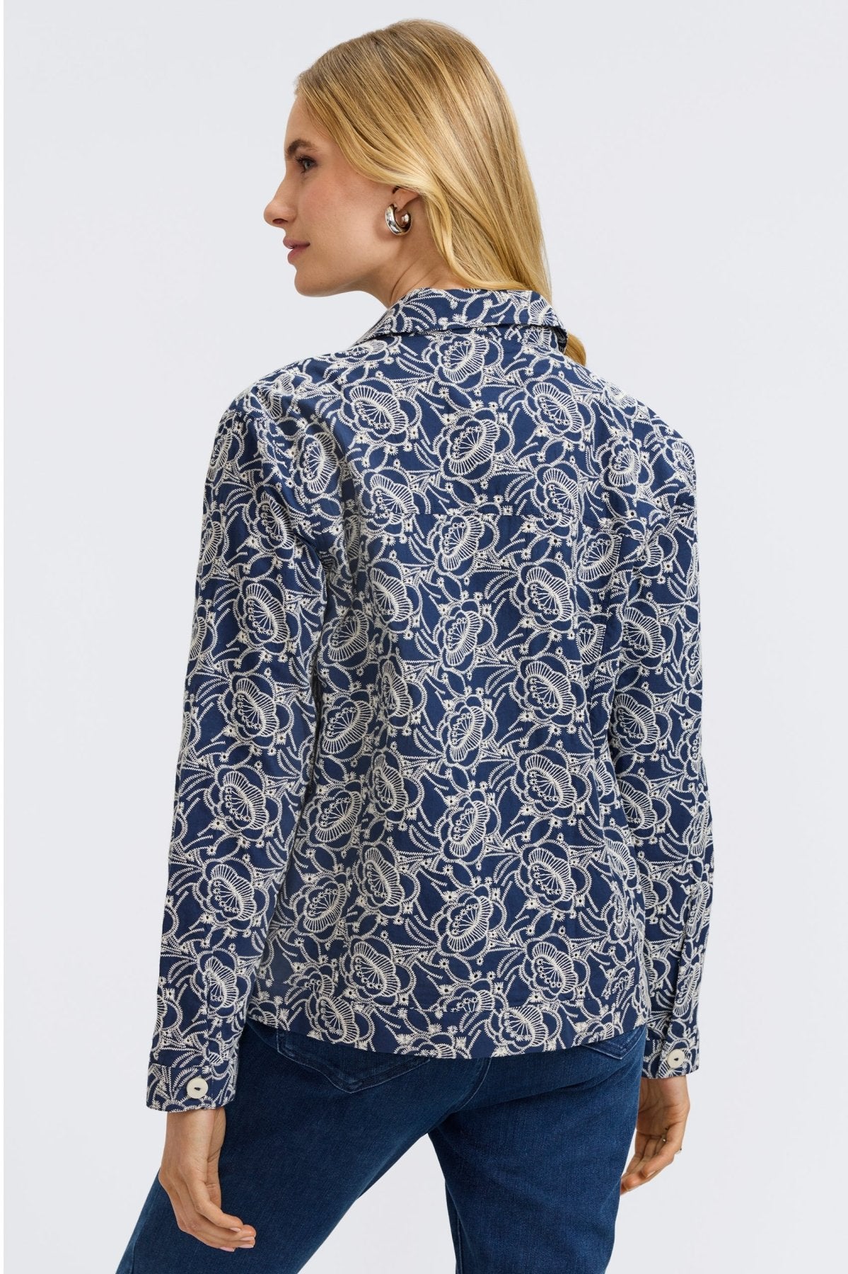 Thelma Women's Allover Eyelet Embroidered Denim Jacket - Long Sleeve Distressed Jean Coat for Casual Outfits & Spring Fashion